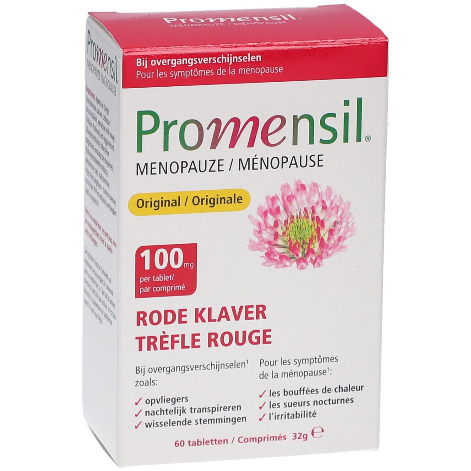 Promensil Menopauze-Packung. Rote und weiße Schachtel mit Produktnamen und Kleeblume. Enthält 60 Tabletten.