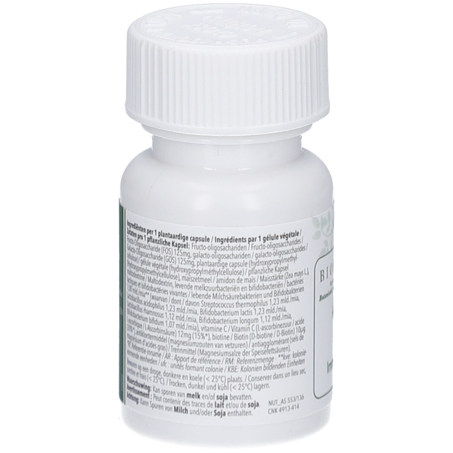 Rückseite der weißen Flasche mit Schraubverschluss. Text in mehreren Sprachen. Zutatenliste und Informationen.