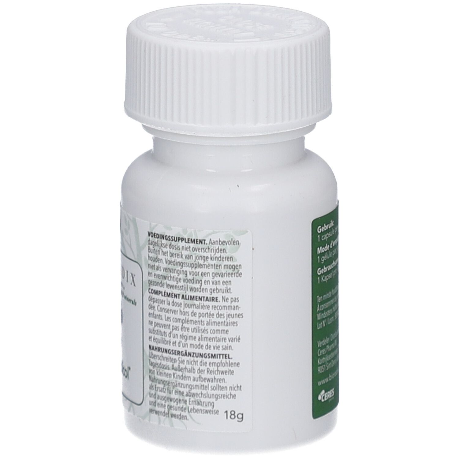 Rückseite der weißen Flasche mit Schraubverschluss. Text in mehreren Sprachen. Nährwertangaben und Warnhinweise.