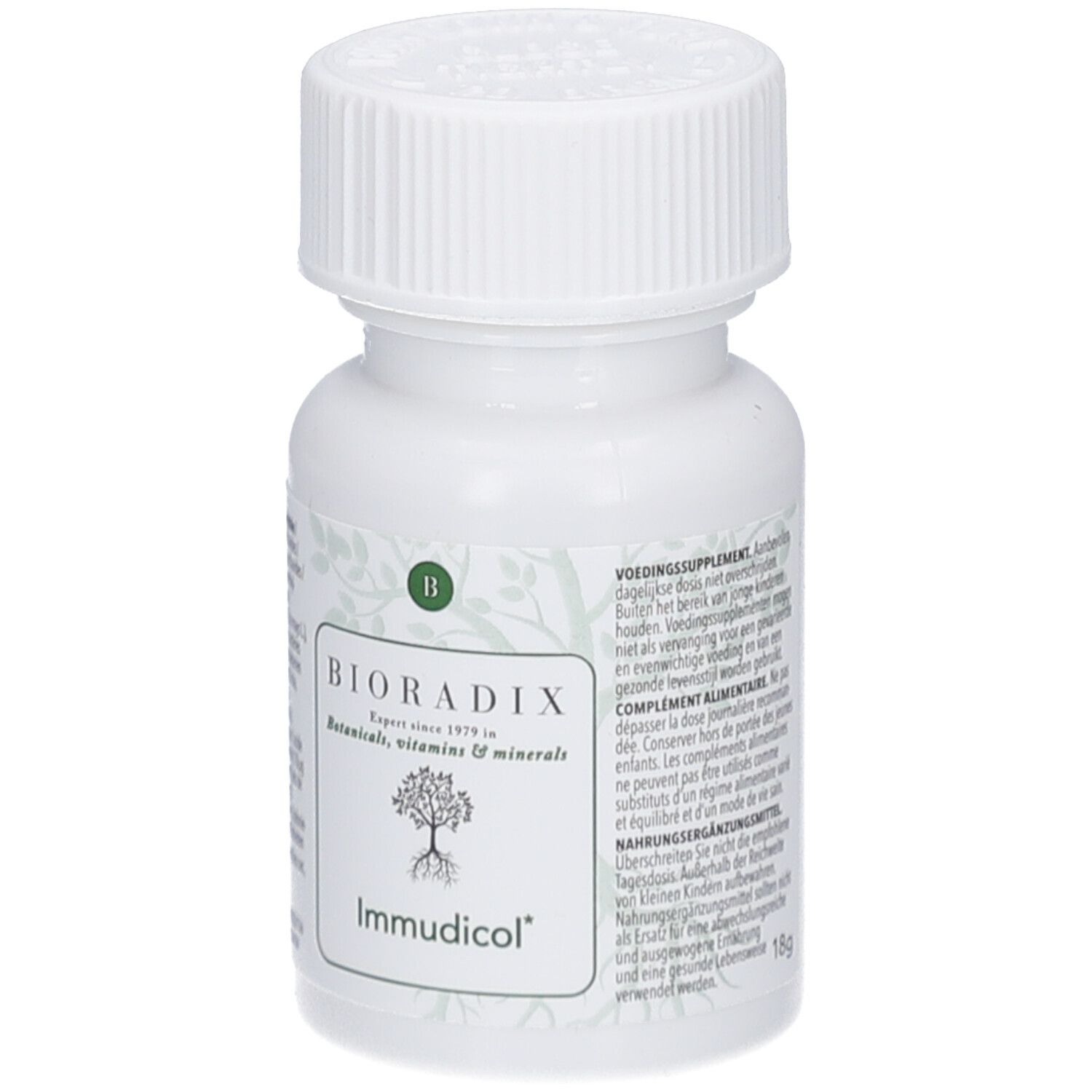 Weiße Flasche mit Schraubverschluss. Aufschrift: Bioradix Immudicol. Botanicals, Vitamine & Mineralien. 18g.
