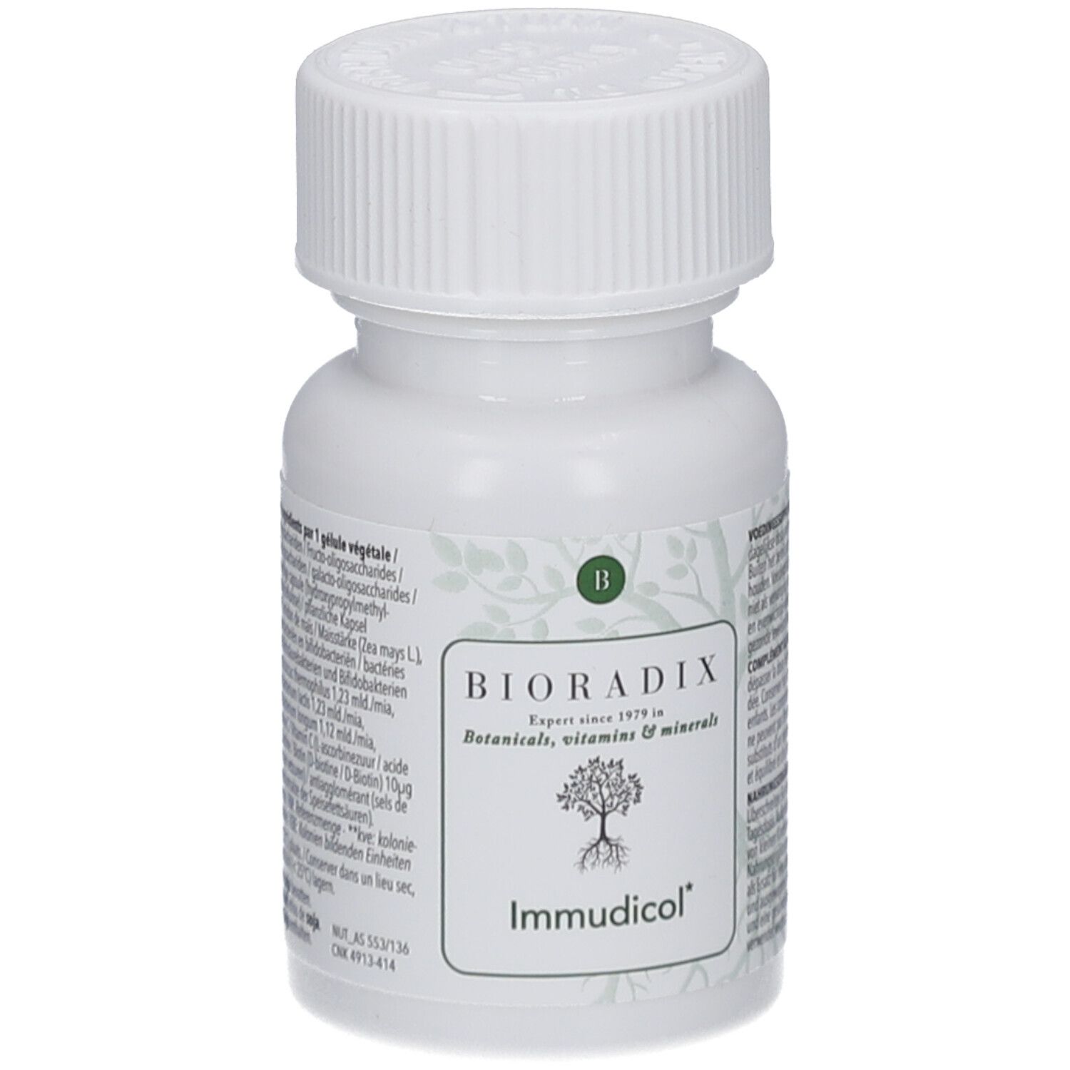 Weiße Flasche mit Schraubverschluss. Aufschrift: Bioradix Immudicol. Botanicals, Vitamine & Mineralien. Zutatenliste.