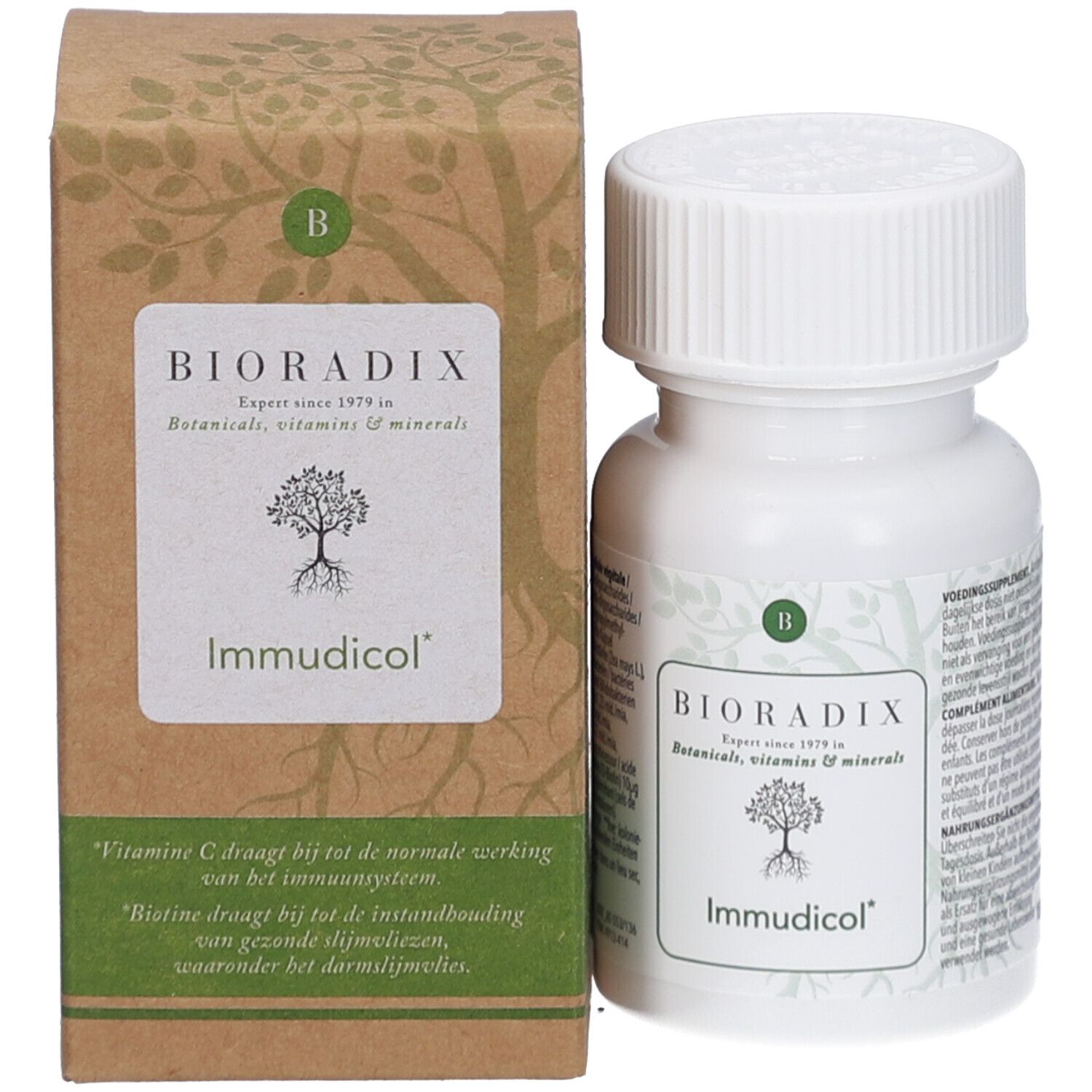 Produkt und Verpackung. Braune Schachtel und weiße Flasche. Aufschrift: Bioradix Immudicol. Botanicals, Vitamine & Mineralien.
