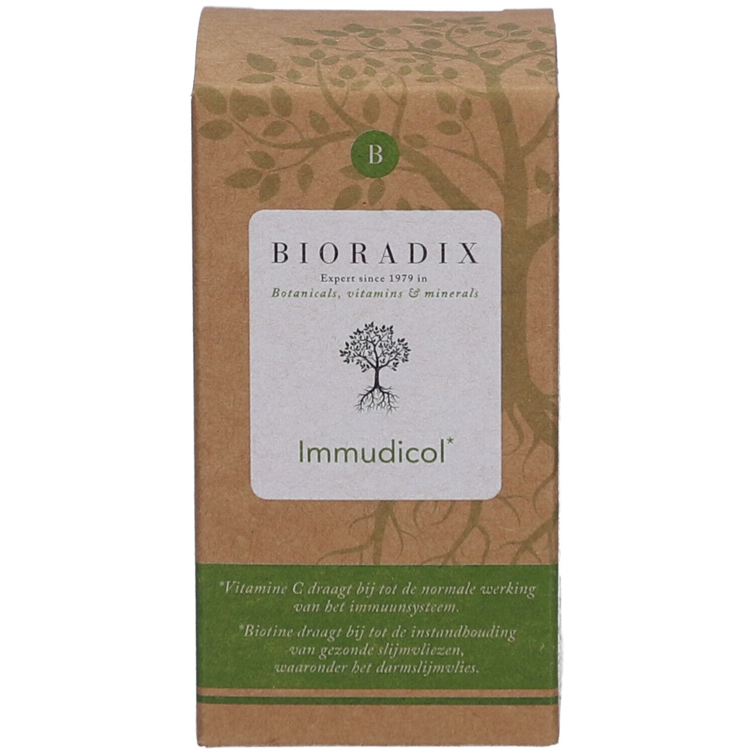 Braune Schachtel. Aufschrift: Bioradix Immudicol. Botanicals, Vitamine & Mineralien. Text über Vitamin C und Biotin.