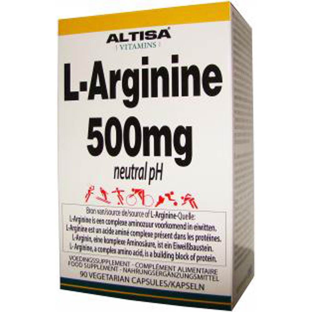 Emballage: boîte ALTISA L-Arginine 500mg (Base). Inscription: 90 gélules végétales. Bande jaune.