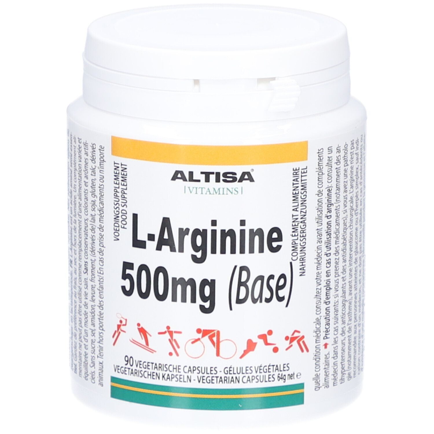 Weiße Dose mit ALTISA L-Arginin 500mg (Base). Aufschrift: 90 vegetarische Kapseln. Gelber Streifen mit Produktinformationen.