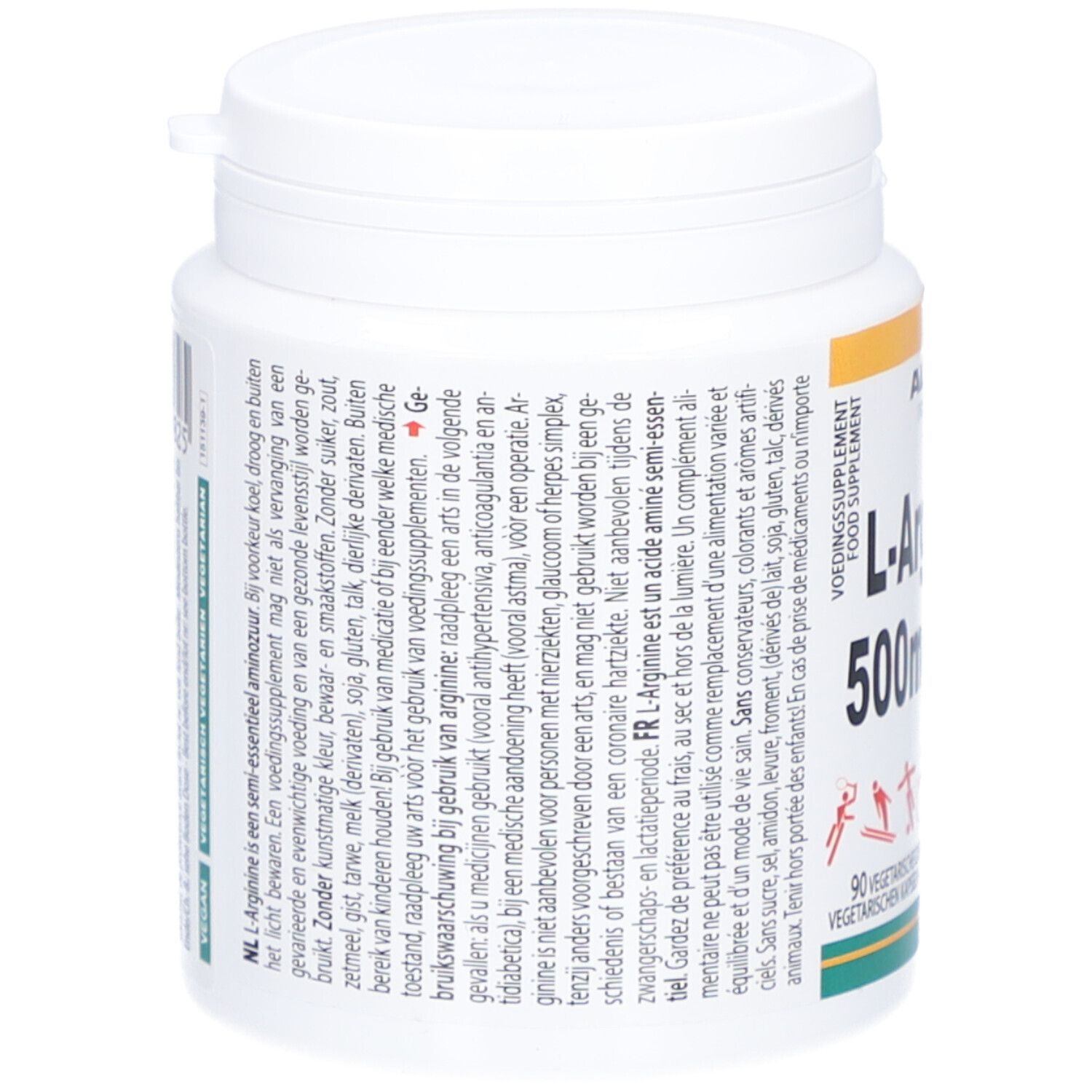 Weiße Dose mit ALTISA L-Arginin 500mg (Base). Text in mehreren Sprachen. Deckel mit Drehverschluss.
