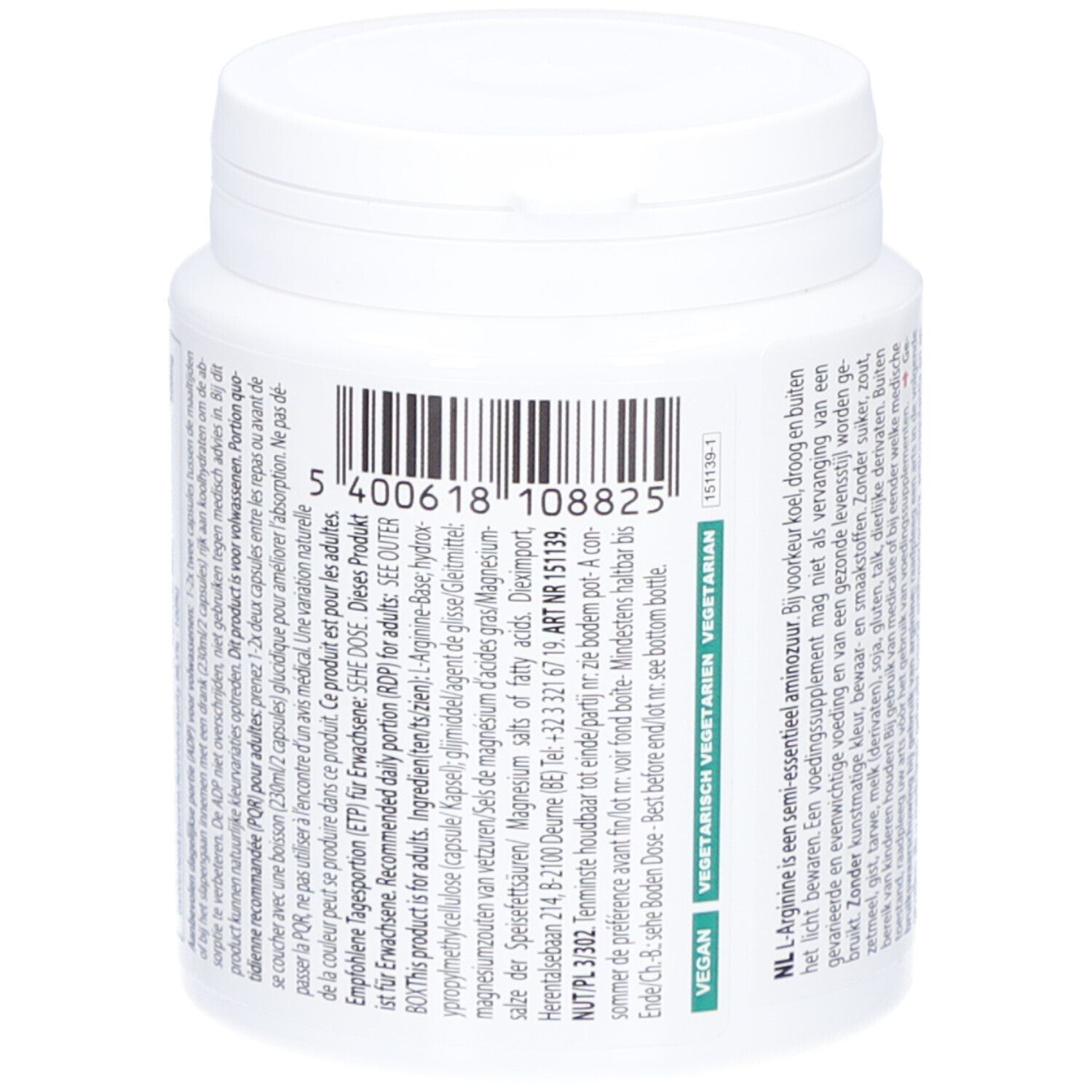 Rückseite der weißen Dose mit ALTISA L-Arginin 500mg (Base). Barcode und Text in mehreren Sprachen.