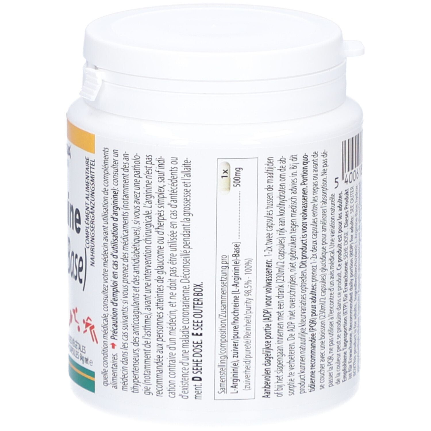 Weiße Dose ALTISA L-Arginin 500mg (Base). Text in mehreren Sprachen. Dosierungsempfehlung.