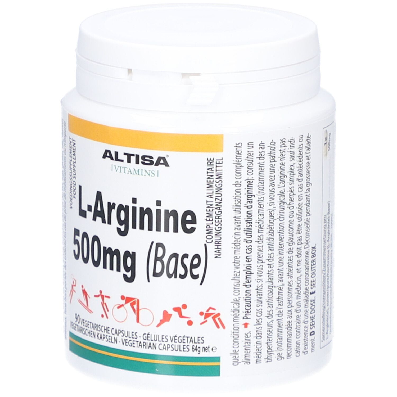 Weiße Dose ALTISA L-Arginin 500mg (Base). Aufschrift: 90 vegetarische Kapseln. Gelber Streifen mit Produktinformationen.