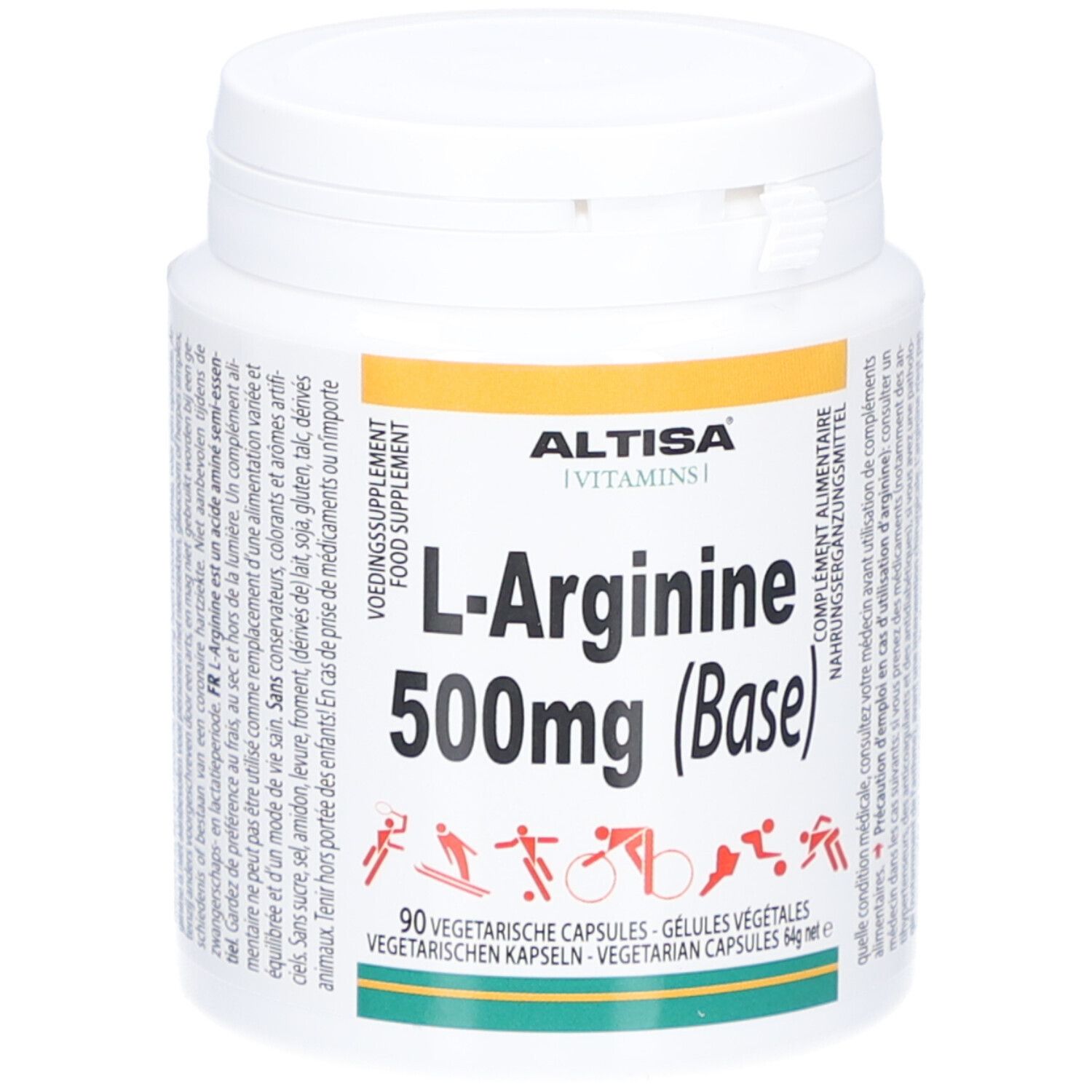 Weiße Dose ALTISA L-Arginin 500mg (Base). Aufschrift: 90 vegetarische Kapseln. Gelber Streifen mit Produktinformationen.