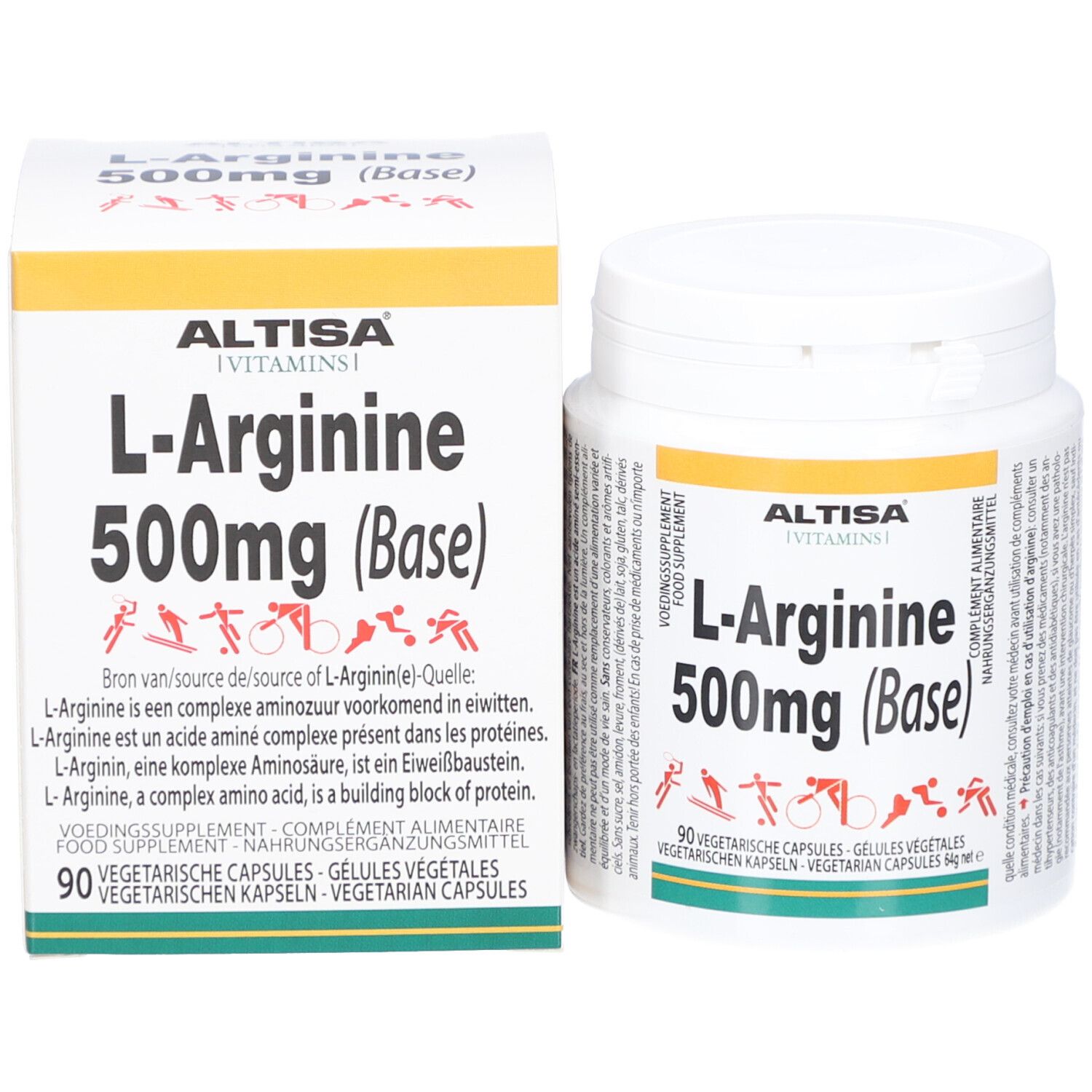 Produktverpackung: Dose und Schachtel ALTISA L-Arginin 500mg (Base). Aufschrift: 90 vegetarische Kapseln.