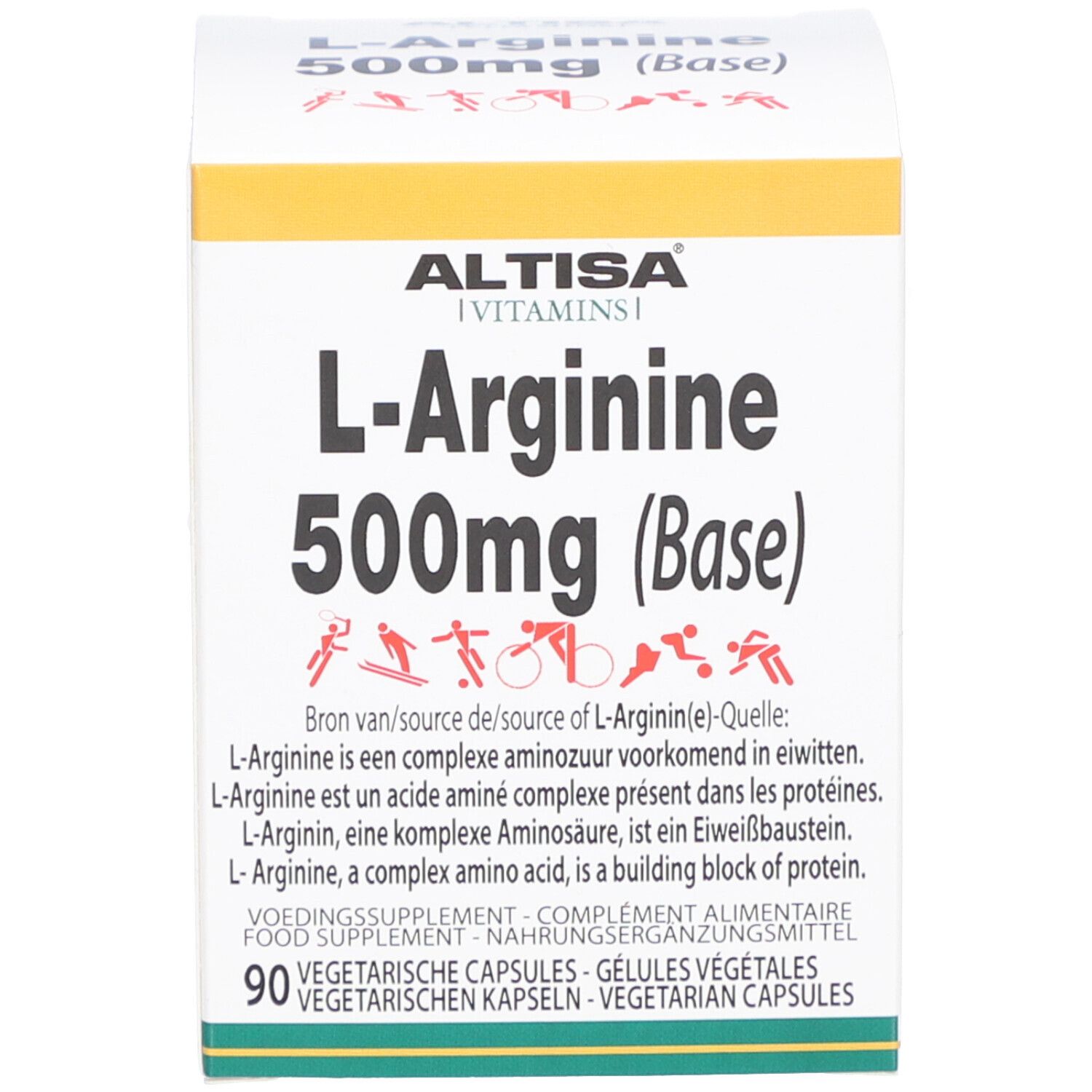 Schachtel ALTISA L-Arginin 500mg (Base). Aufschrift: 90 vegetarische Kapseln. Gelber Streifen mit Produktinformationen.
