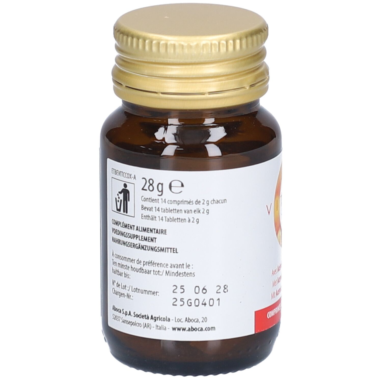 Braune Glasflasche mit goldfarbenem Deckel. Weißes Etikett mit Text und rotem Akzent. Enthält 28g. Aboca Vitamin C Naturcomplex.