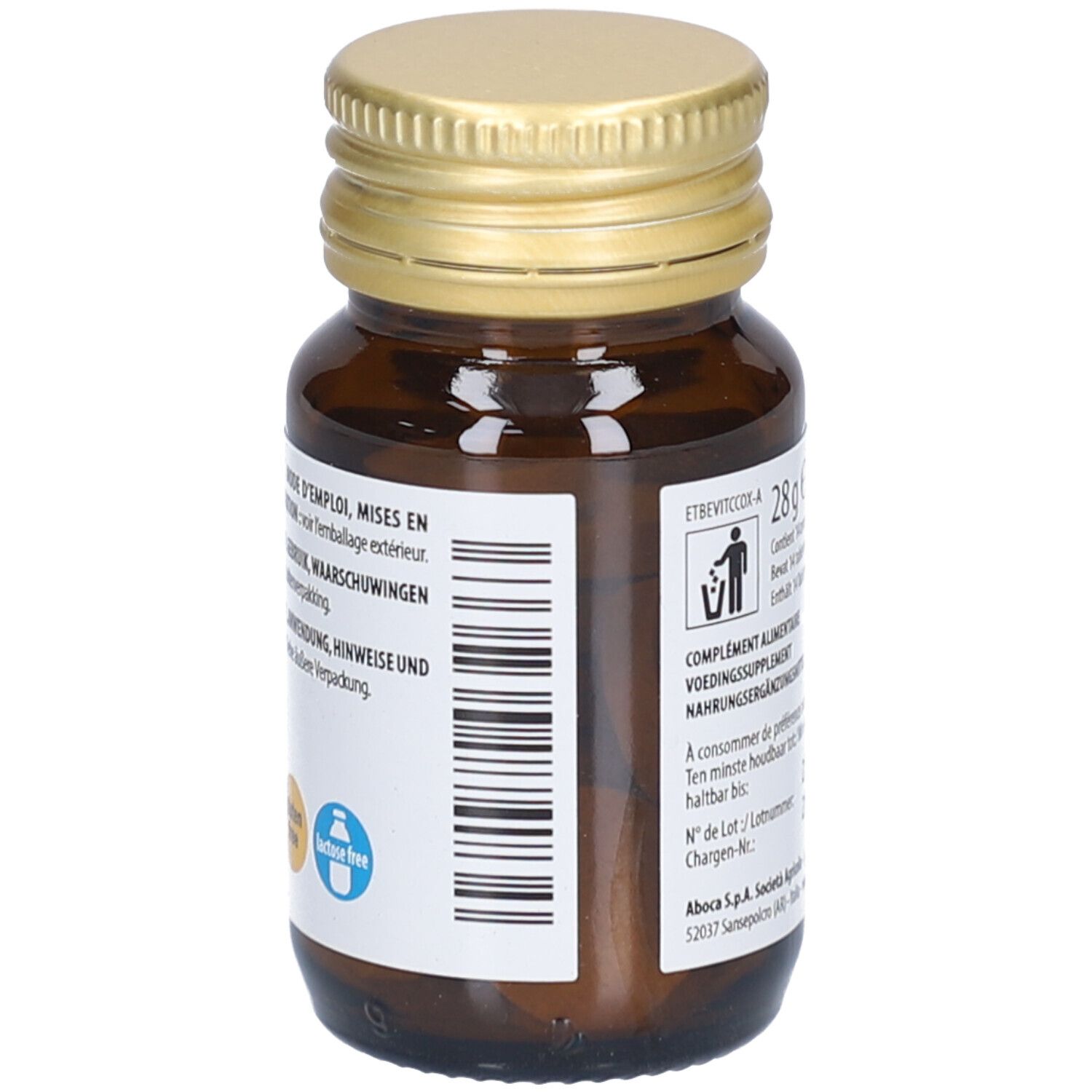 Braune Glasflasche mit goldfarbenem Deckel. Weißes Etikett mit Text und Barcode. Aboca Vitamin C Naturcomplex.