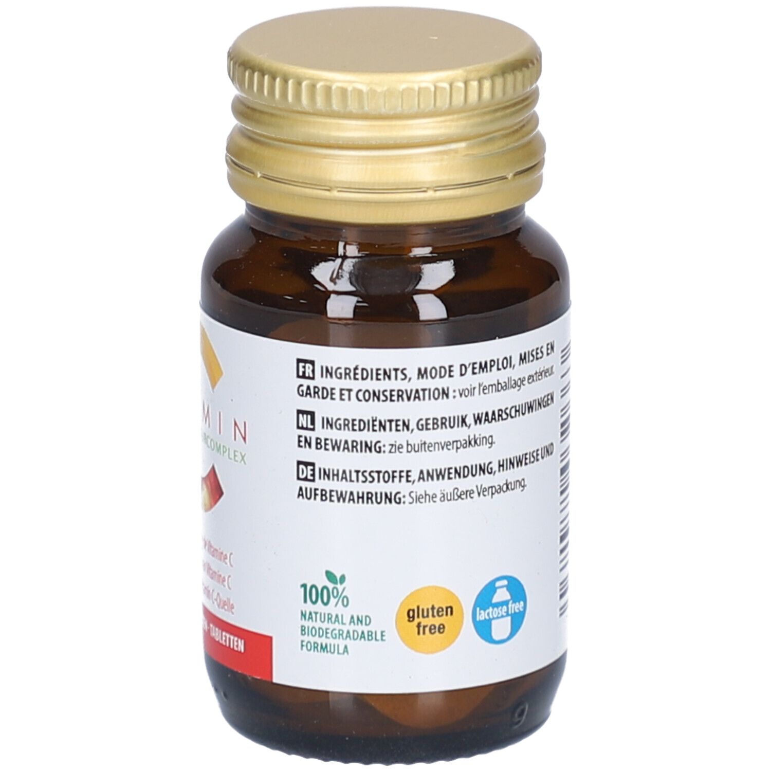 Braune Glasflasche mit goldfarbenem Deckel. Weißes Etikett mit Text. Glutenfrei und laktosefrei. Aboca Vitamin C Naturcomplex.