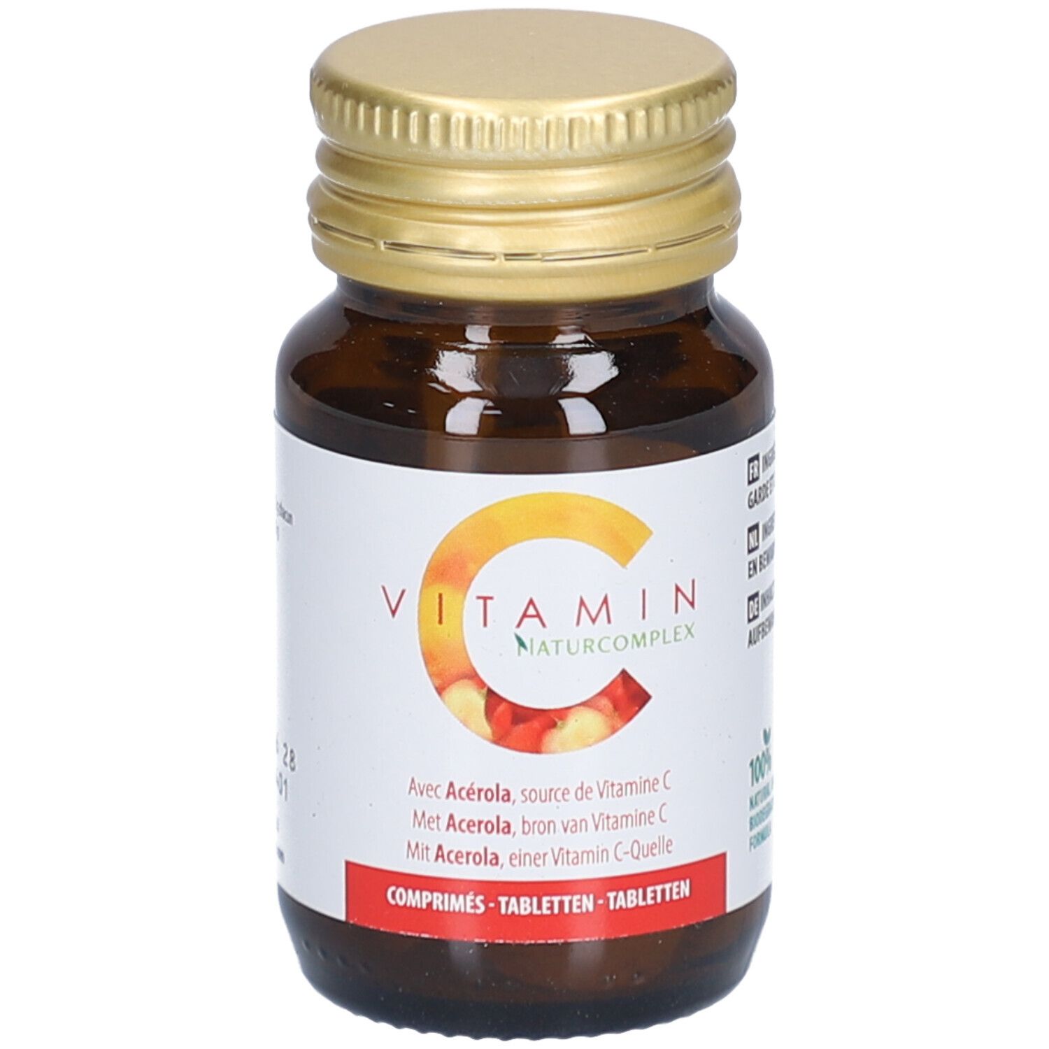 Braune Glasflasche mit goldfarbenem Deckel. Weißes Etikett mit orangefarbenem C-Logo. Aboca Vitamin C Naturcomplex.