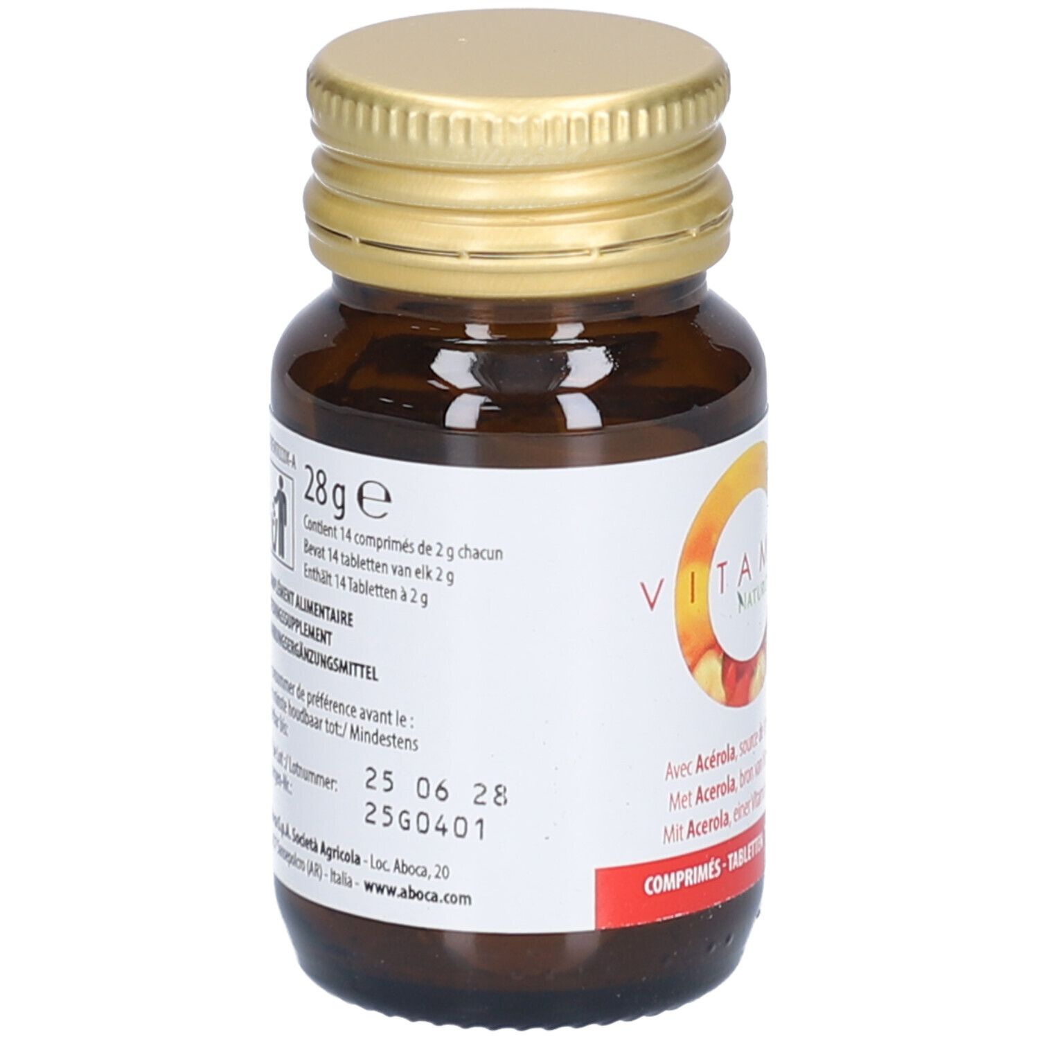 Braune Glasflasche mit goldfarbenem Deckel. Weißes Etikett mit Text und rotem Akzent. Enthält 28g. Aboca Vitamin C Naturcomplex.