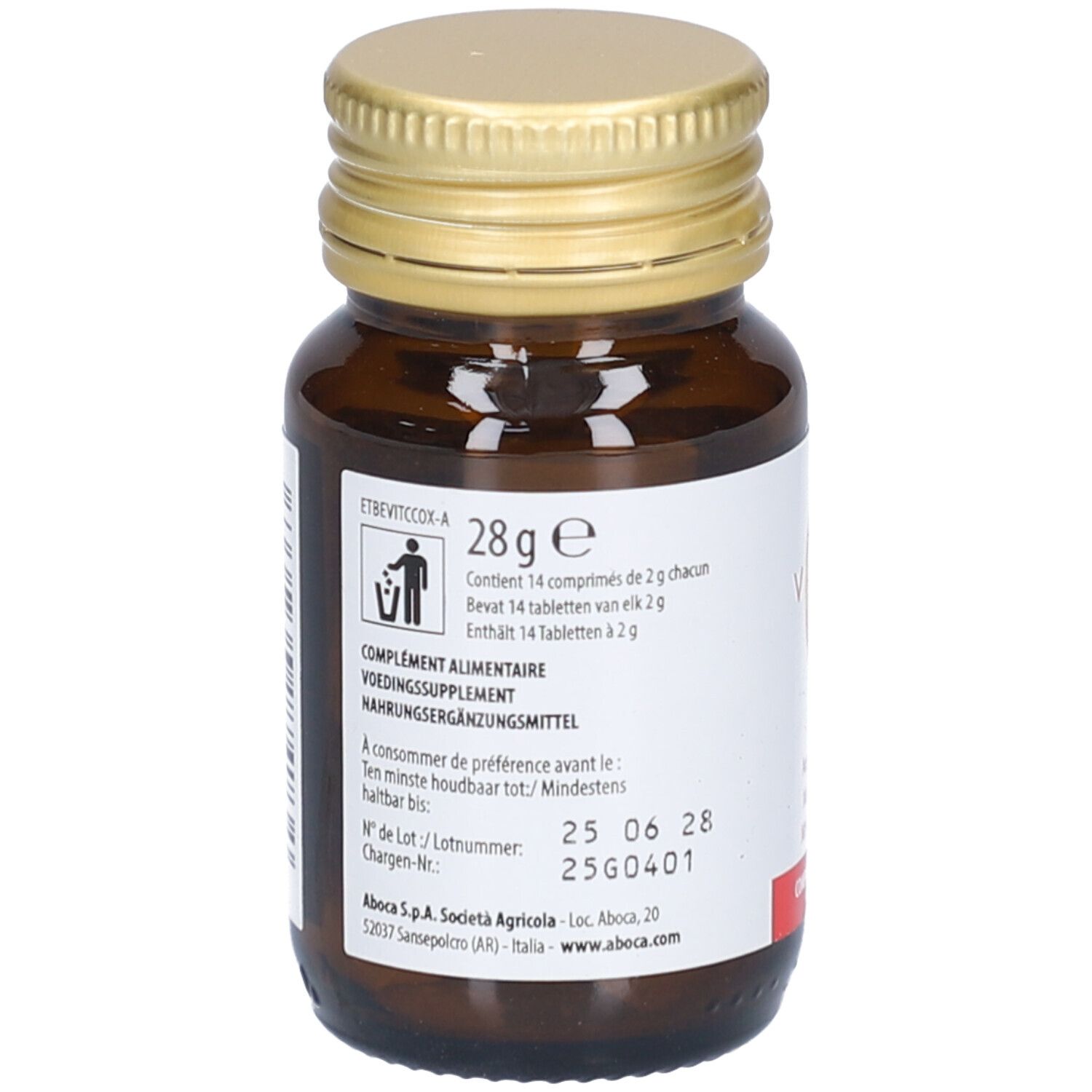 Braune Glasflasche mit goldfarbenem Deckel. Weißes Etikett mit Text und rotem Akzent. Enthält 28g. Aboca Vitamin C Naturcomplex.