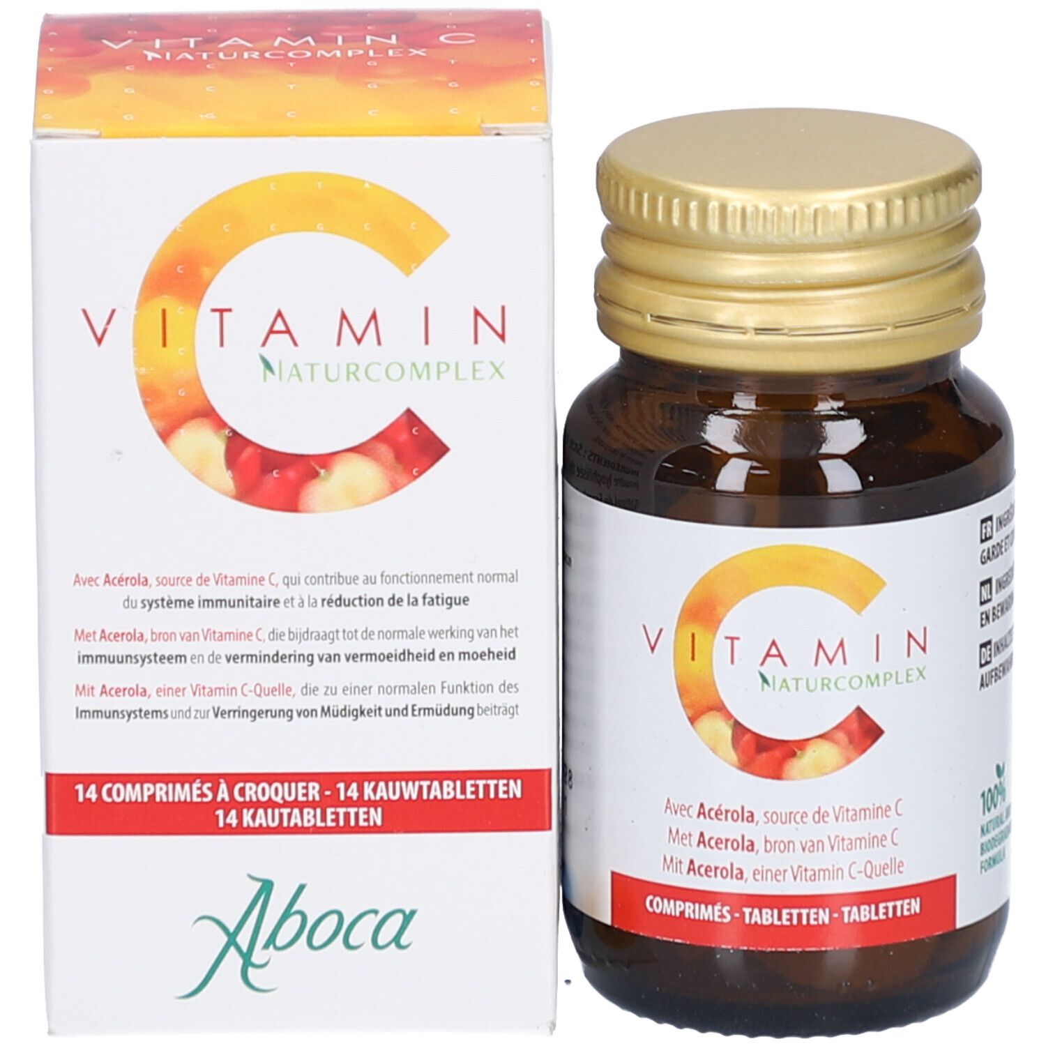 Schachtel und Flasche. Schachtel mit C-Logo und Text. Flasche braun mit goldfarbenem Deckel. Aboca Vitamin C Naturcomplex.