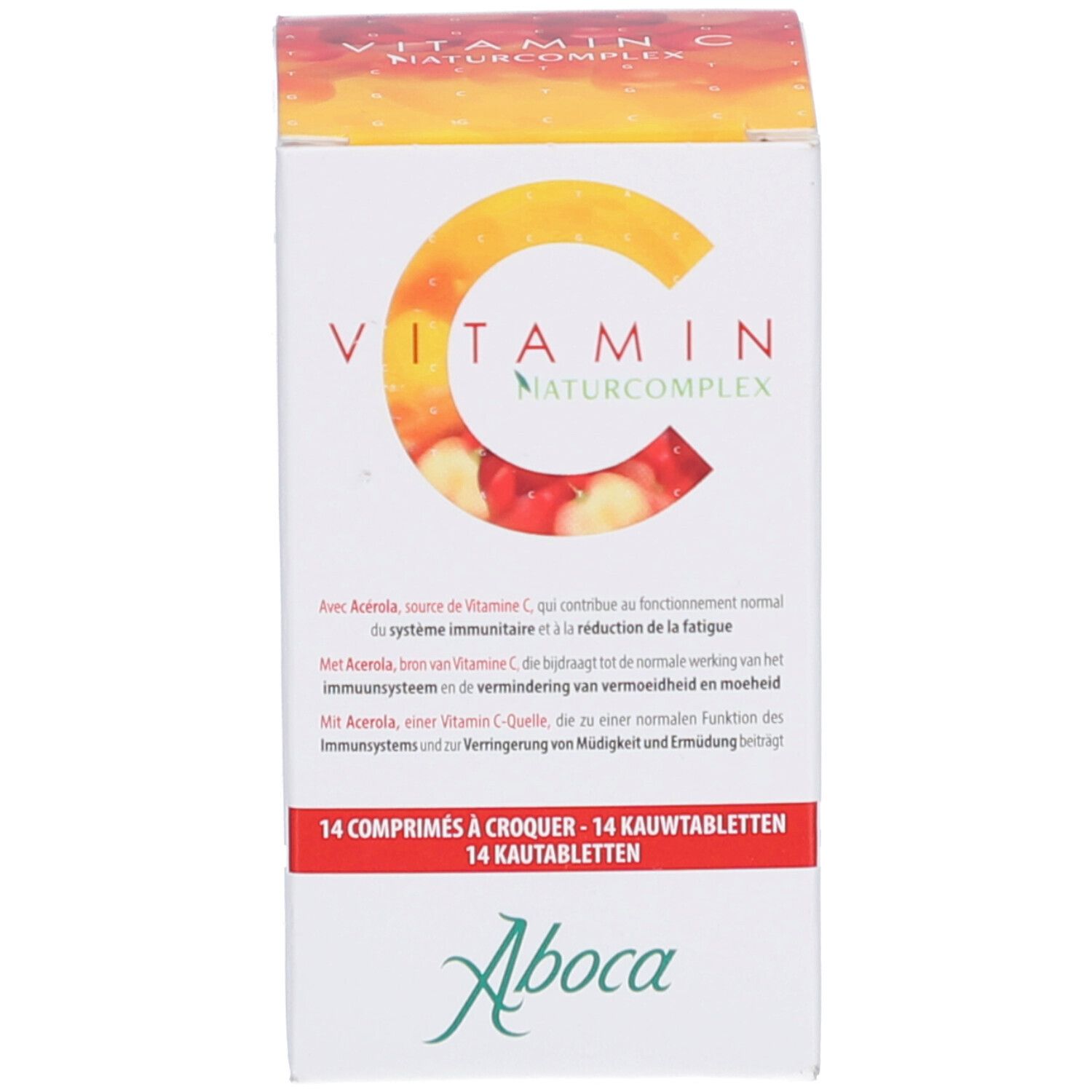 Weiße Schachtel mit C-Logo und Text. 14 Kautabletten. Aboca Vitamin C Naturcomplex.