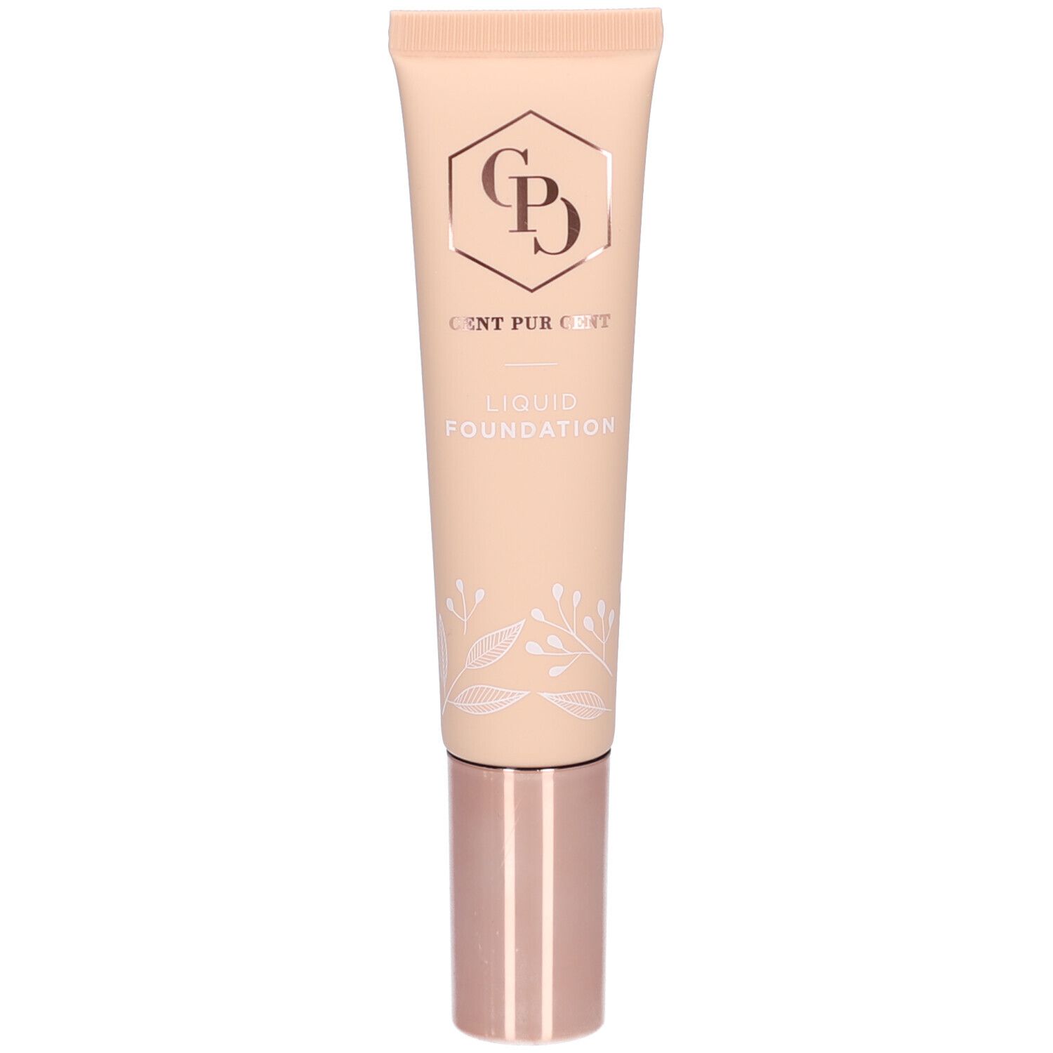 Tube beige avec bouchon rosé. Inscription: Cent Pur Cent Liquid Foundation.