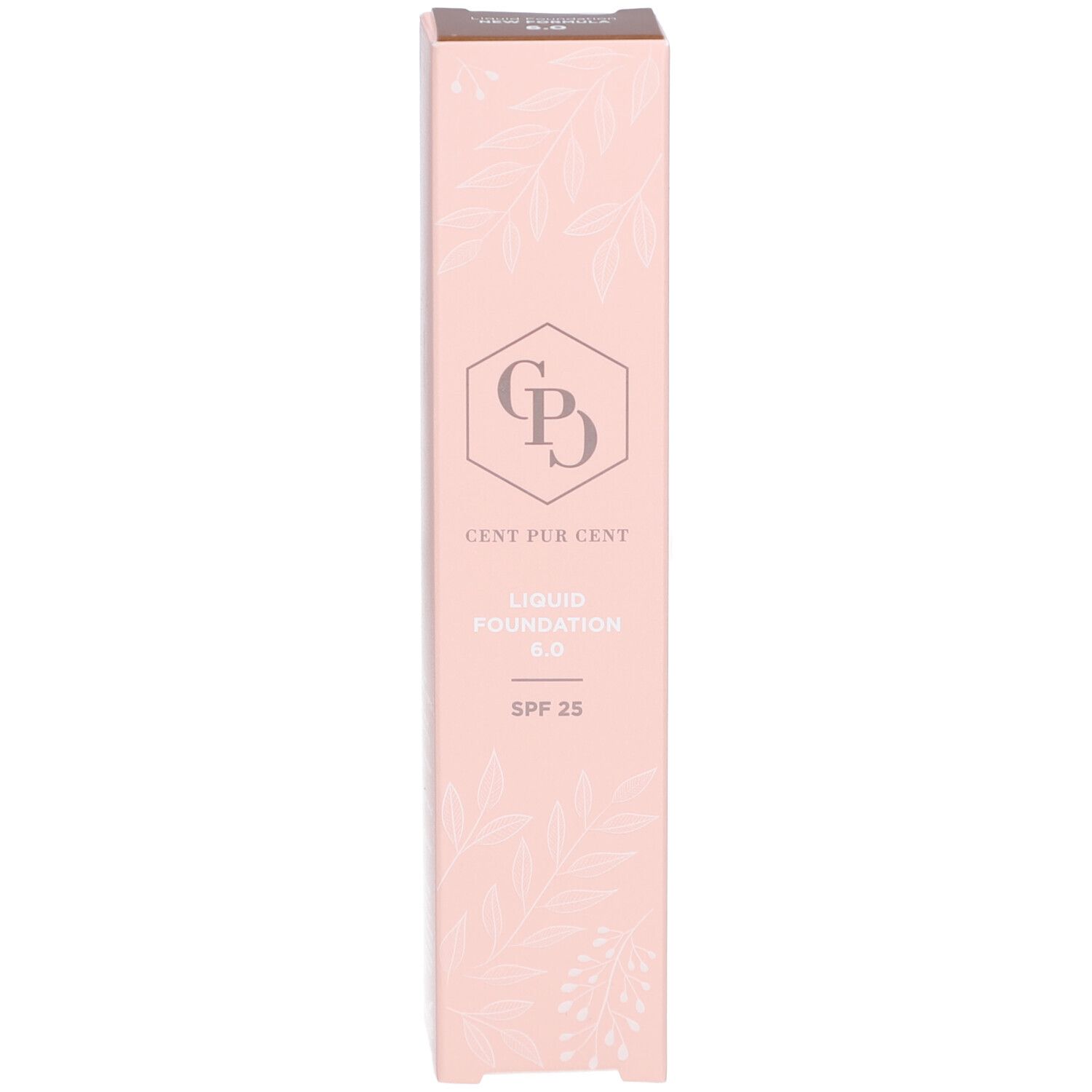Emballage rose étroit. Inscription: Cent Pur Cent Liquid Foundation 6.0 SPF 25.