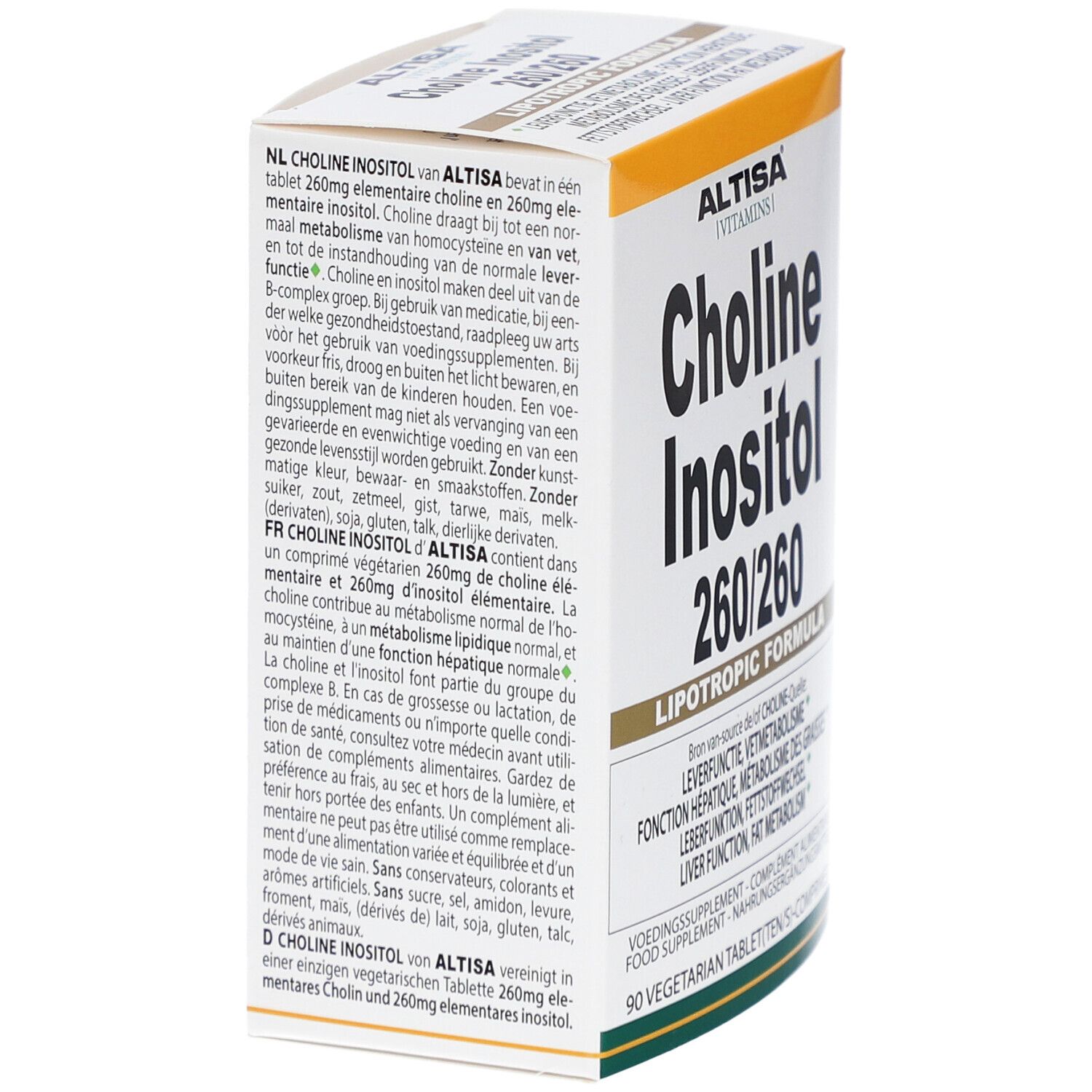 Weißer Karton mit ALTISA-Logo und Aufschrift Choline Inositol 260/260. Text in Niederländisch und Französisch.