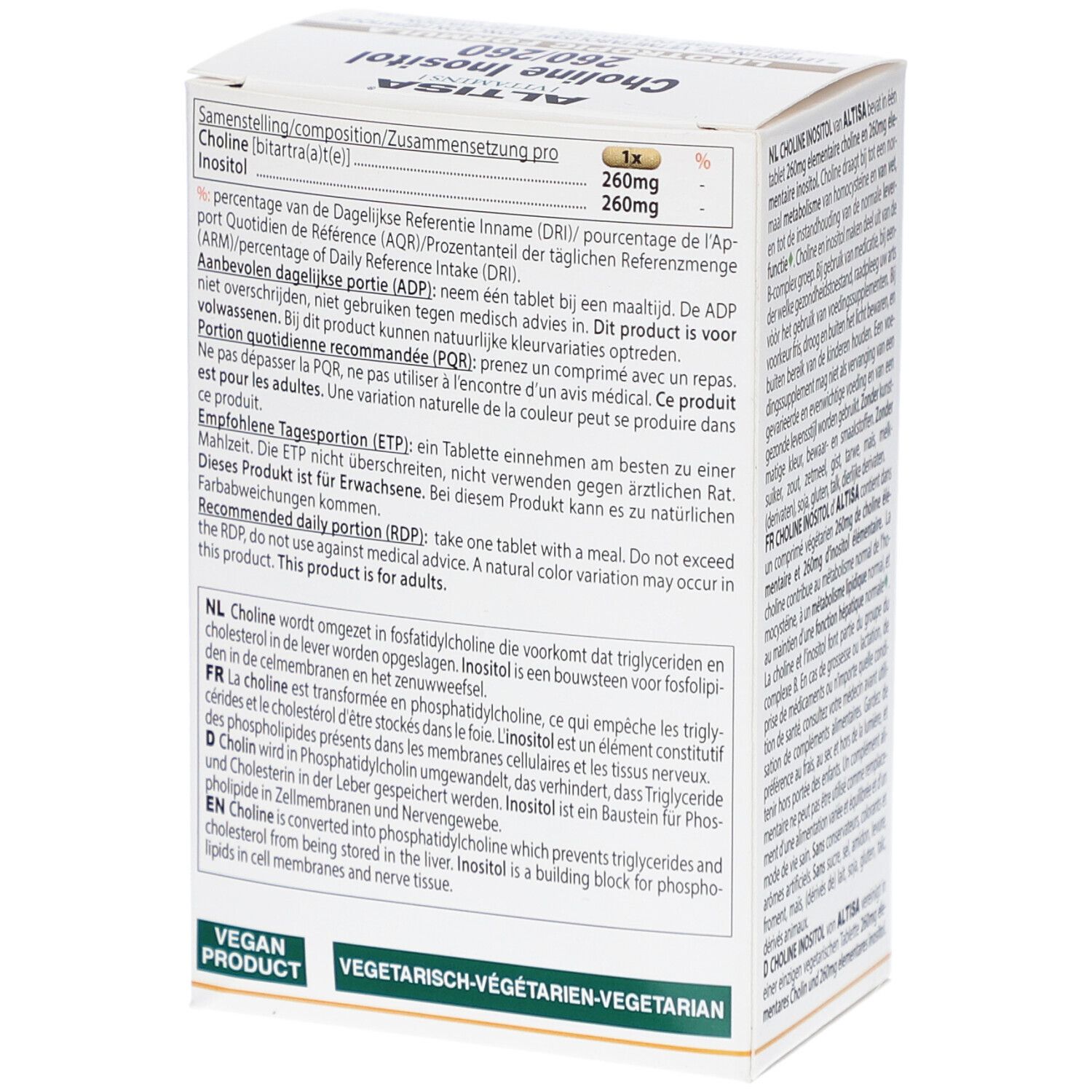 Weißer Karton mit ALTISA-Logo und Aufschrift Choline Inositol 260/260. Enthält Informationen zu Inhaltsstoffen und Dosierung.