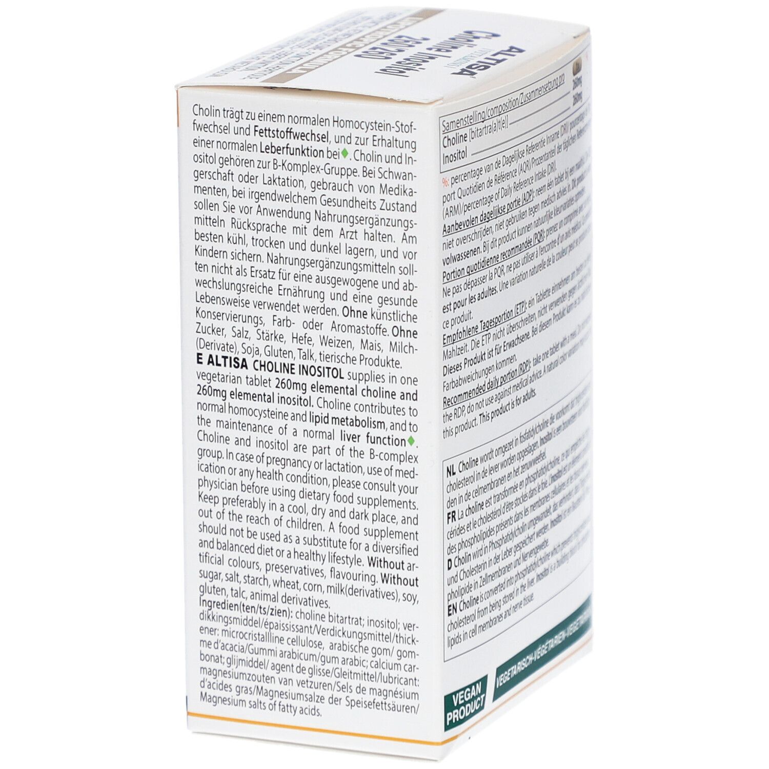 Weißer Karton mit ALTISA-Logo und Aufschrift Choline Inositol 260/260. Enthält Informationen zur Anwendung.