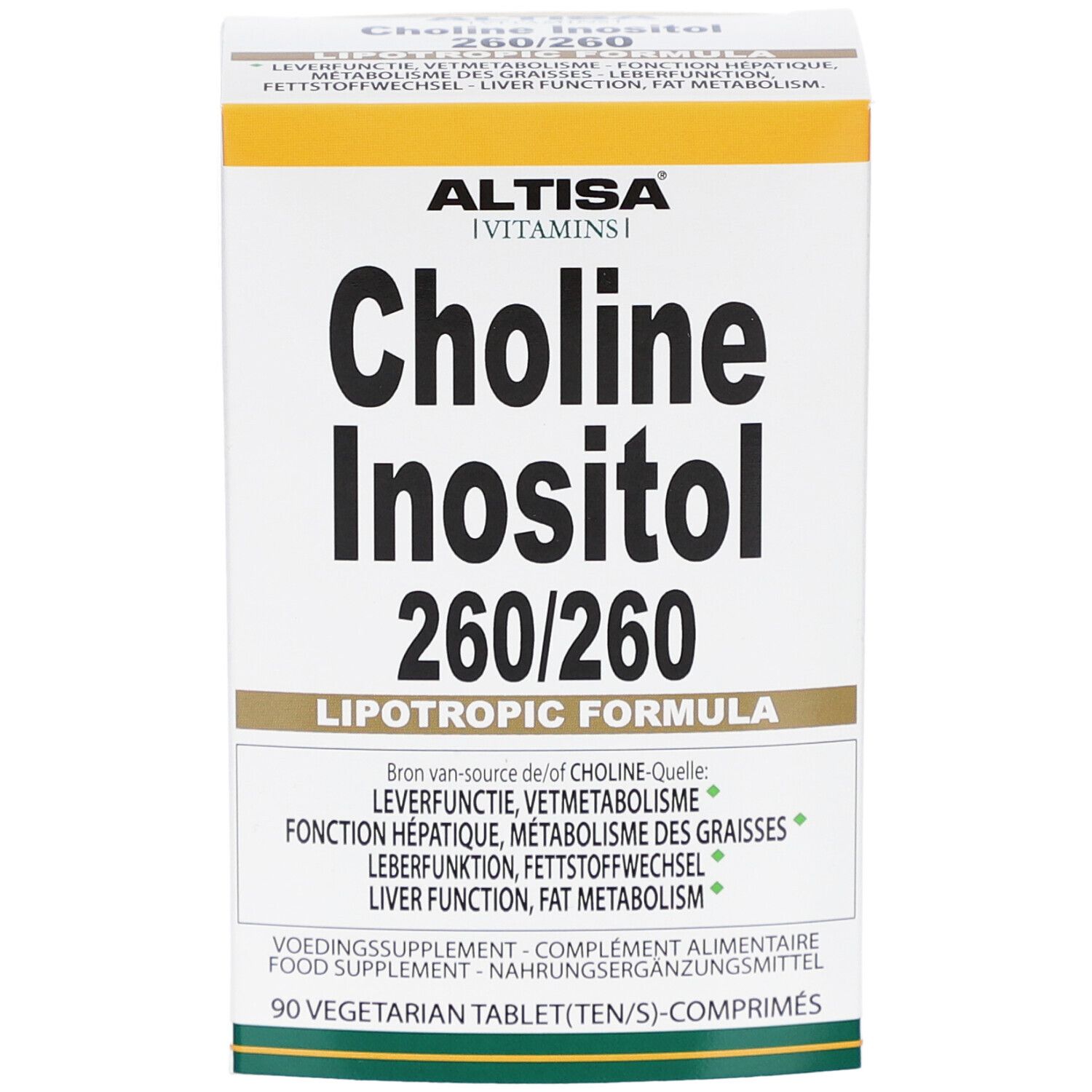 Weißer Karton mit ALTISA-Logo und Aufschrift Choline Inositol 260/260. Lipotrope Formel. 90 Tabletten.