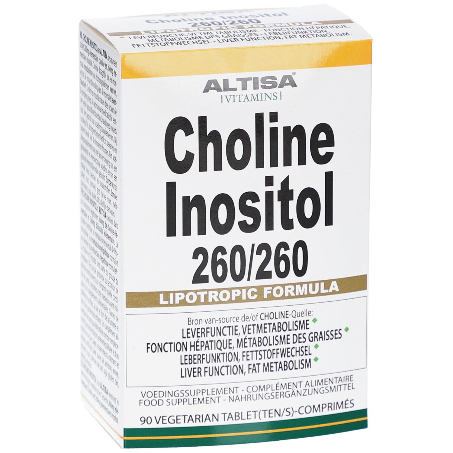 Weißer Karton mit ALTISA-Logo und Aufschrift Choline Inositol 260/260. Lipotrope Formel. 90 Tabletten.