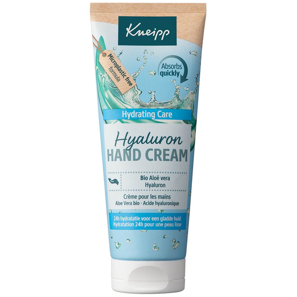 Tube de crème pour les mains. Nom de la marque et du produit visibles. Design bleu et blanc avec motif d'eau. Texte: Hyaluron Hand Cream.