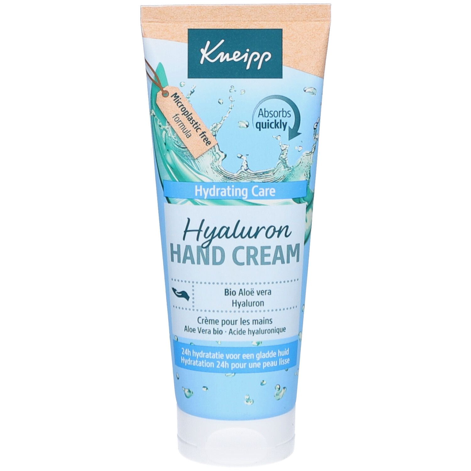 Handcreme-Tube mit Produktnamen und Markennamen. Blaue und weiße Farbgebung mit Wasser-Motiv. Text: Hyaluron Hand Cream.