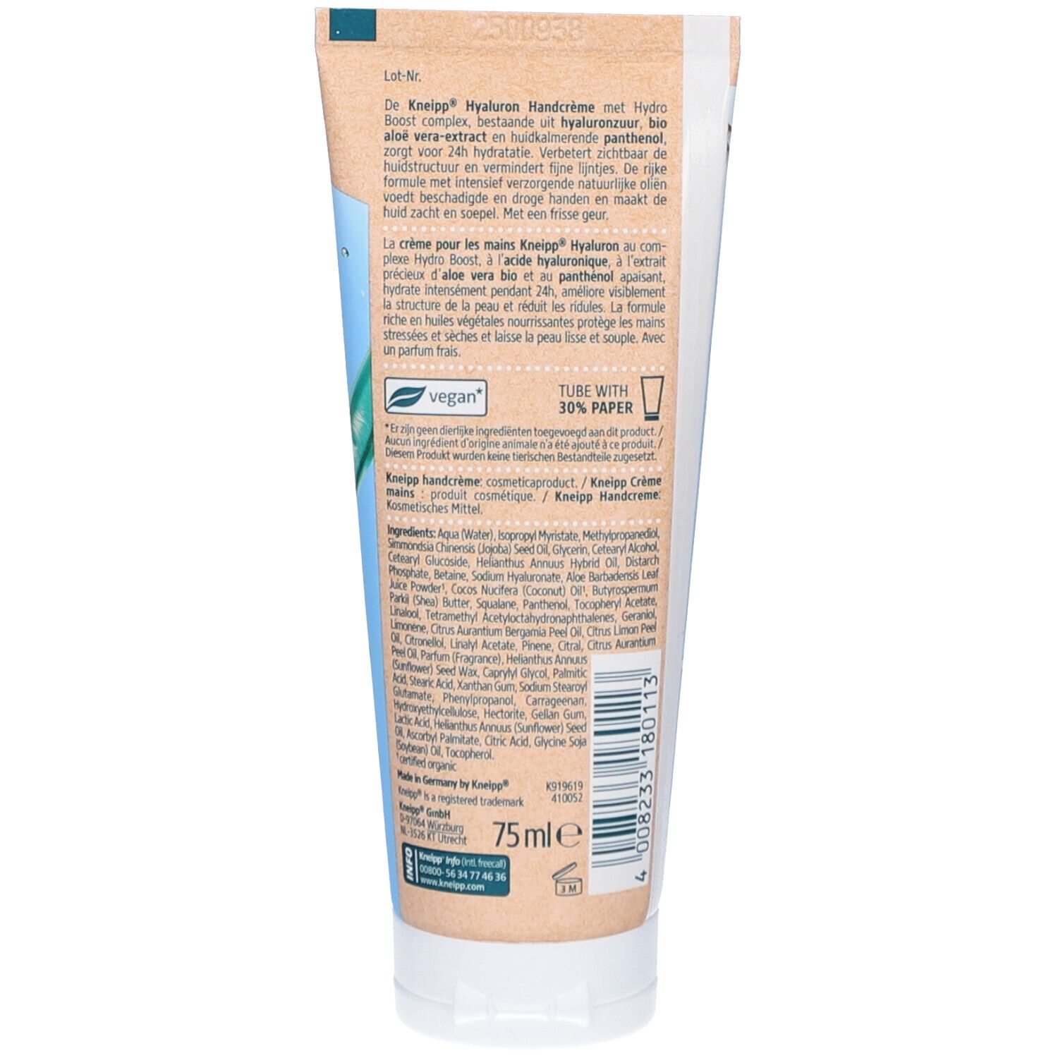 Rückseite einer Handcreme-Tube. Textinformationen in mehreren Sprachen. Enthält Angaben zu Inhaltsstoffen und Hersteller.