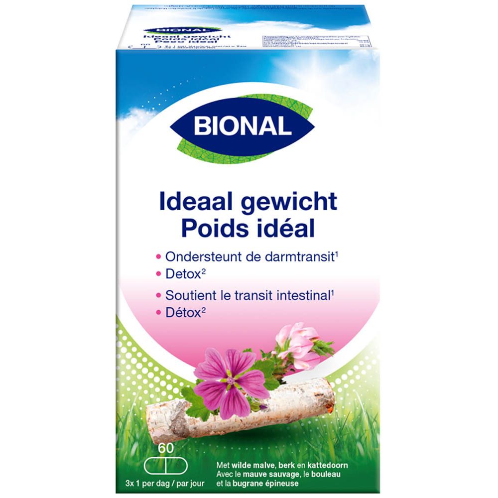 Boîte Bional 'Poids idéal'. Contient 60 gélules. Design floral et texte multilingue.
