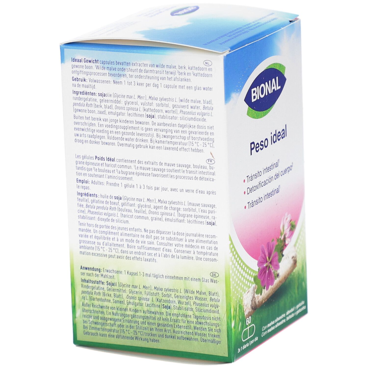 Dos de la boîte Bional 'Peso ideal'. Texte multilingue. Contient 60 gélules.