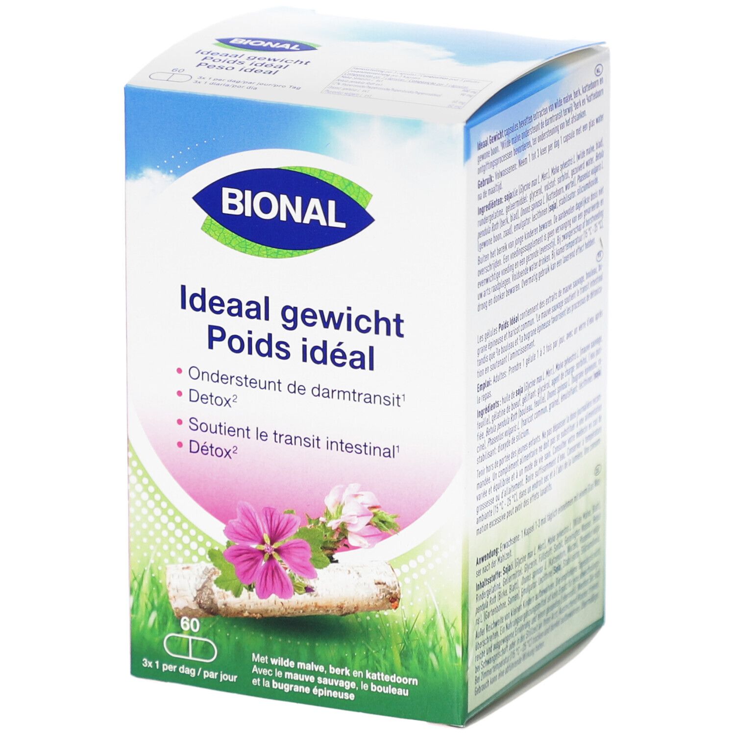 Boîte Bional 'Poids idéal'. Contient 60 gélules. Design floral et texte multilingue.