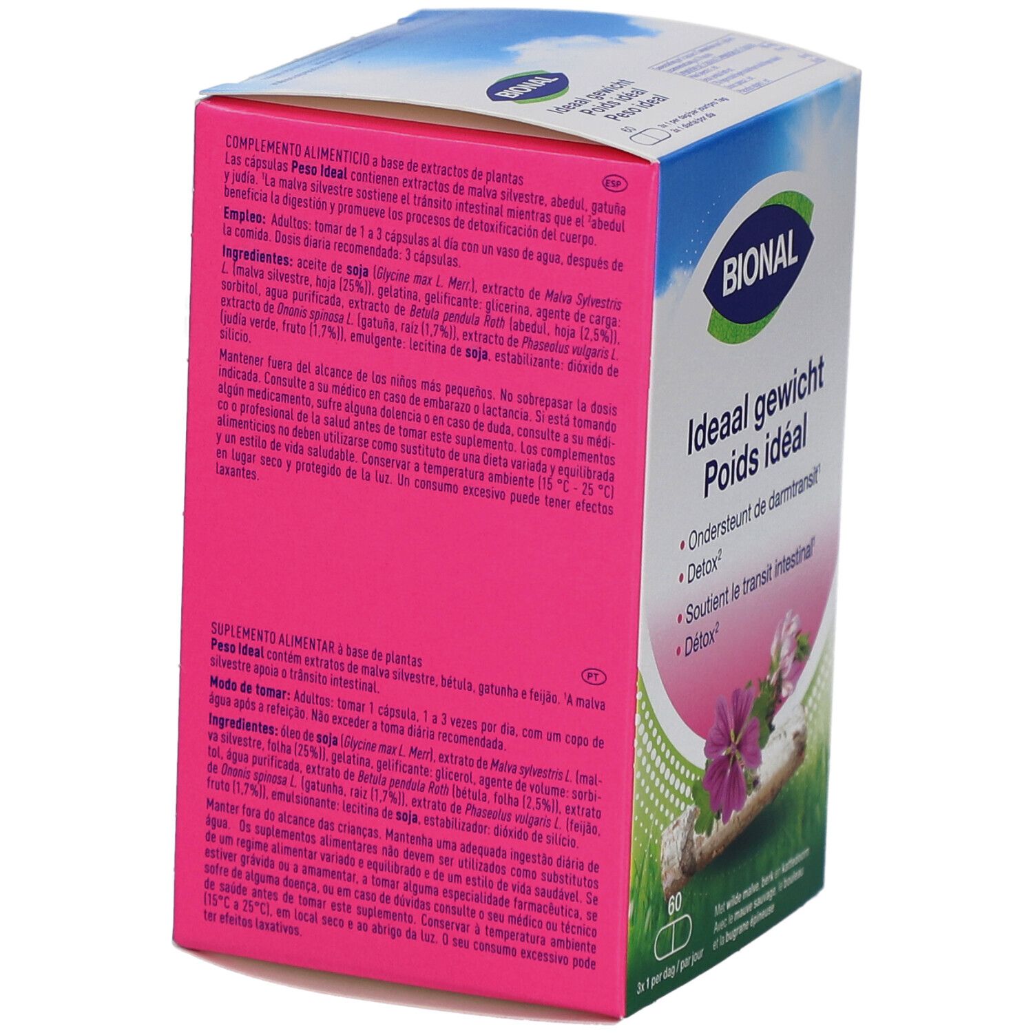 Dos de la boîte Bional 'Poids idéal'. Texte multilingue. Contient 60 gélules.