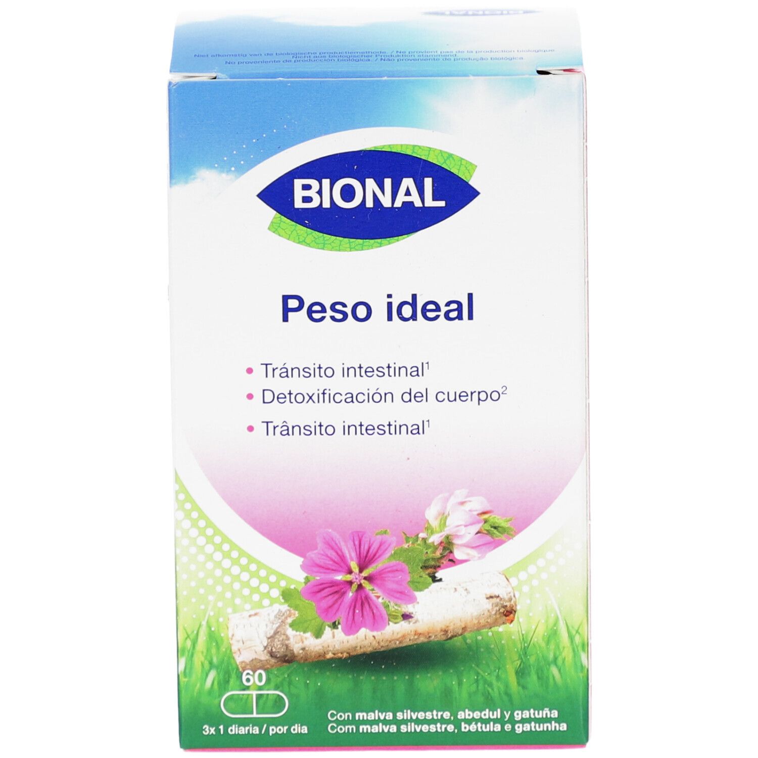 Boîte Bional 'Peso ideal'. Contient 60 gélules. Design floral et texte multilingue.