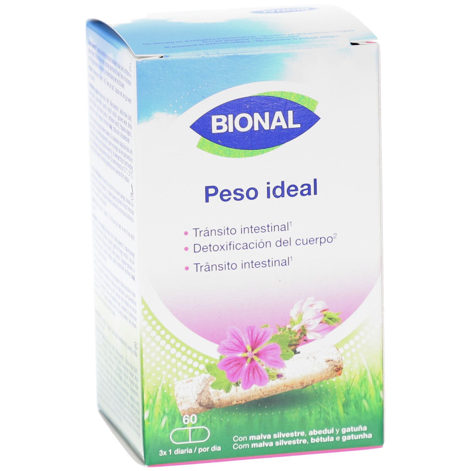 Boîte Bional 'Peso ideal'. Contient 60 gélules. Design floral et texte multilingue.