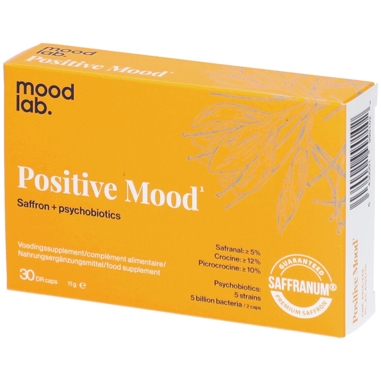 Gelbe Schachtel mit "Positive Mood" und "mood lab" Aufdruck. Enthält 30 Tabletten. Mit Saffranum-Siegel.