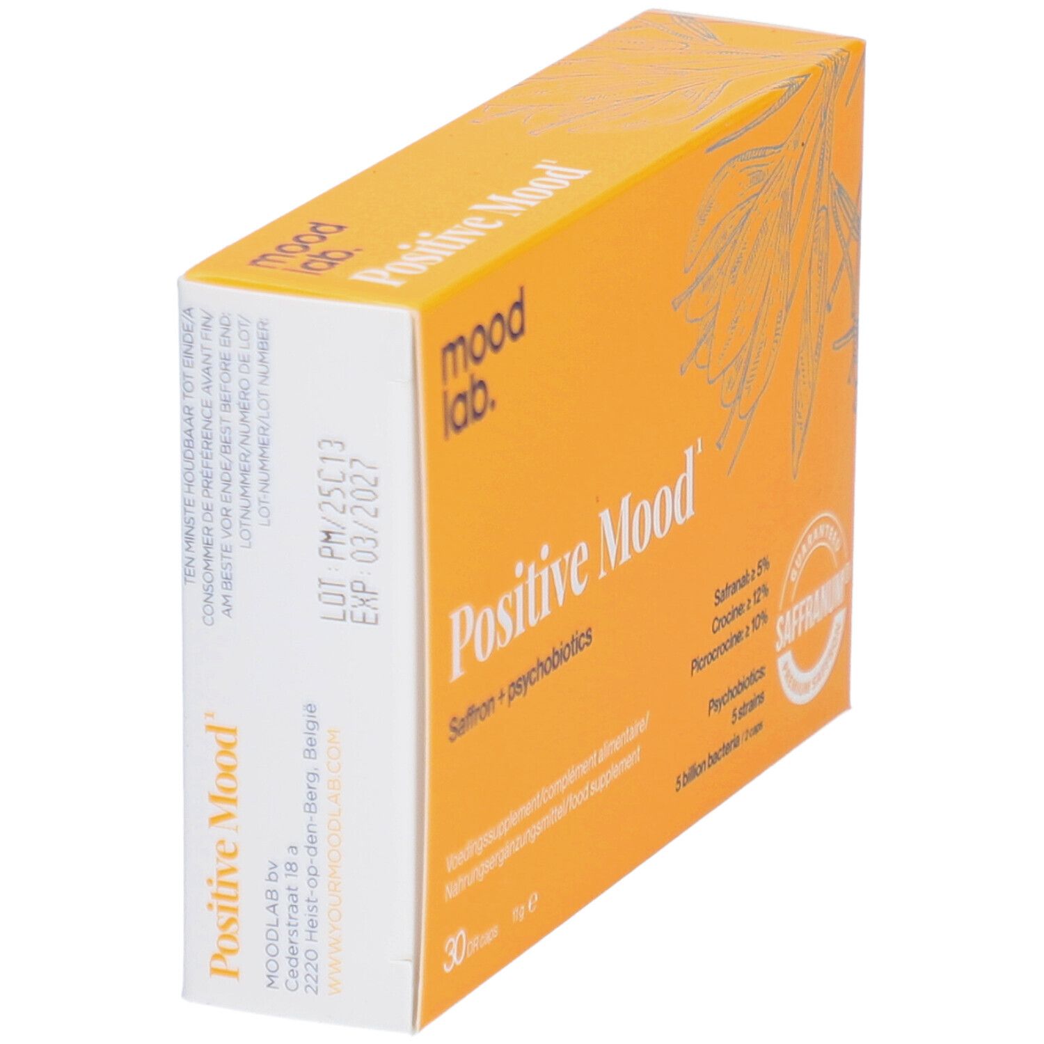 Gelbe Schachtel "Positive Mood" mit "mood lab" Aufdruck. Enthält 30 Tabletten. Mit Saffranum-Siegel.