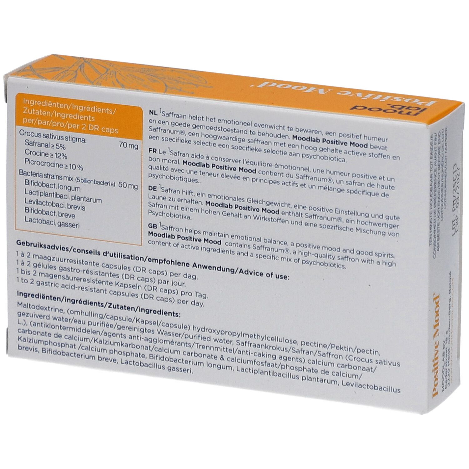 Rückseite der "Positive Mood" Schachtel. Enthält Inhaltsstoffe und Anwendungshinweise in mehreren Sprachen.