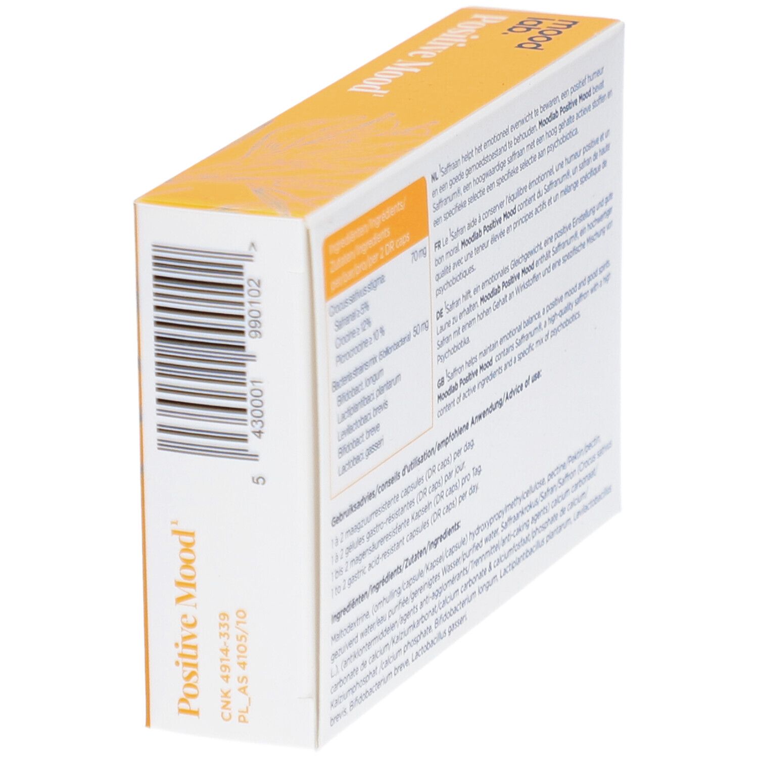 Seitenansicht der "Positive Mood" Schachtel. Barcode und Inhaltsstoffe in mehreren Sprachen.