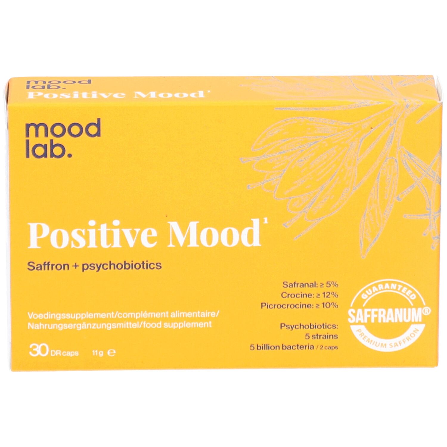Gelbe Schachtel "Positive Mood" mit "mood lab" Aufdruck. Enthält 30 Tabletten. Mit Saffranum-Siegel.