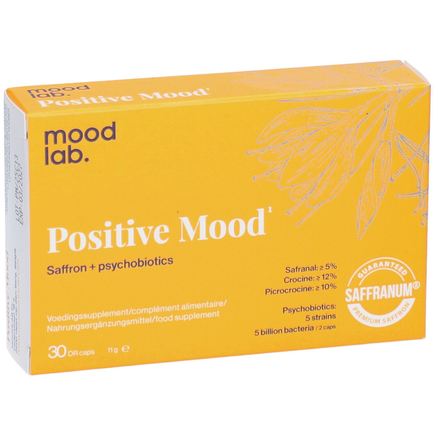 Gelbe Schachtel "Positive Mood" mit "mood lab" Aufdruck. Enthält 30 Tabletten. Mit Saffranum-Siegel.
