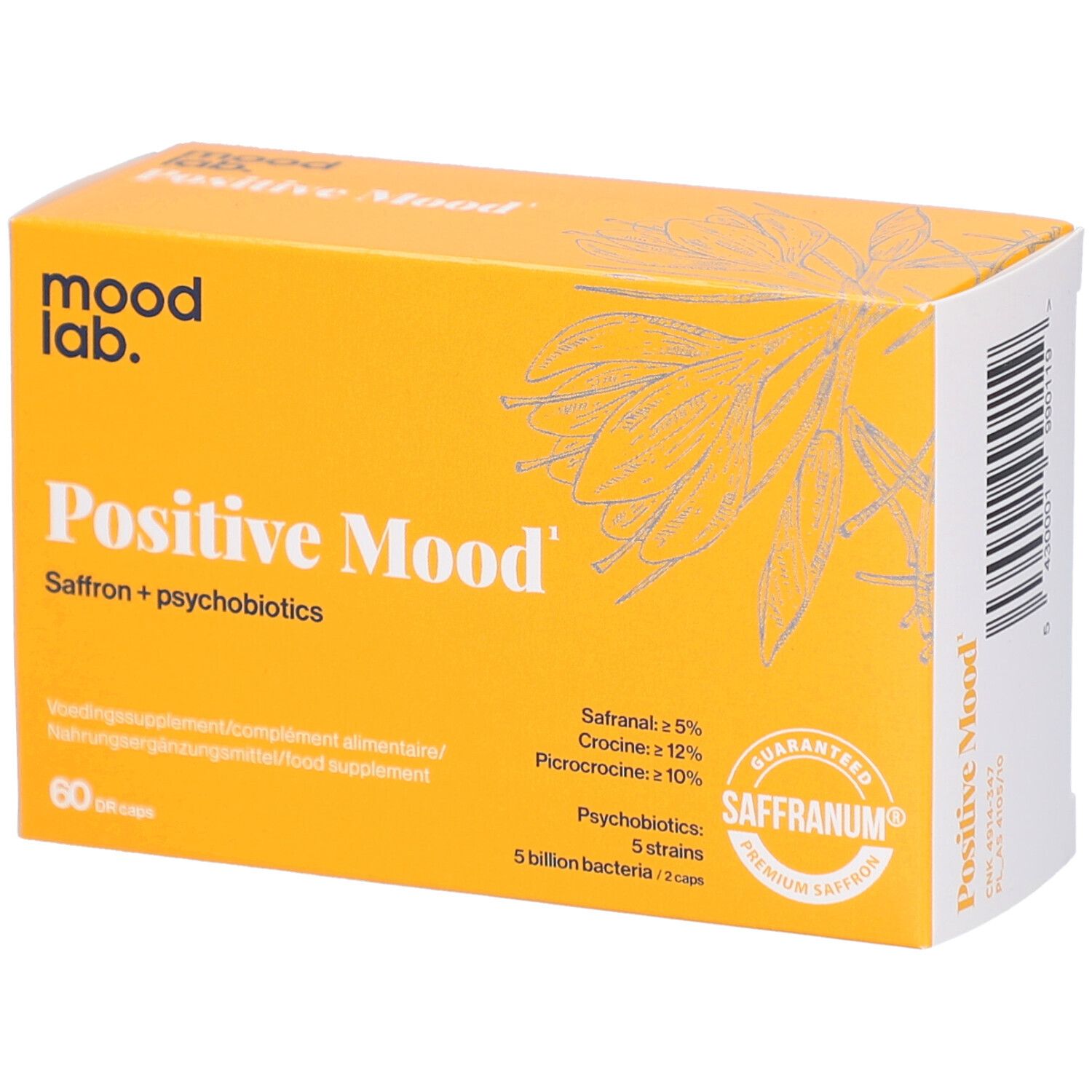 Gelbe Schachtel mit "mood lab." und "Positive Mood". Enthält Safran und Psychobiotika. 60 Kapseln.
