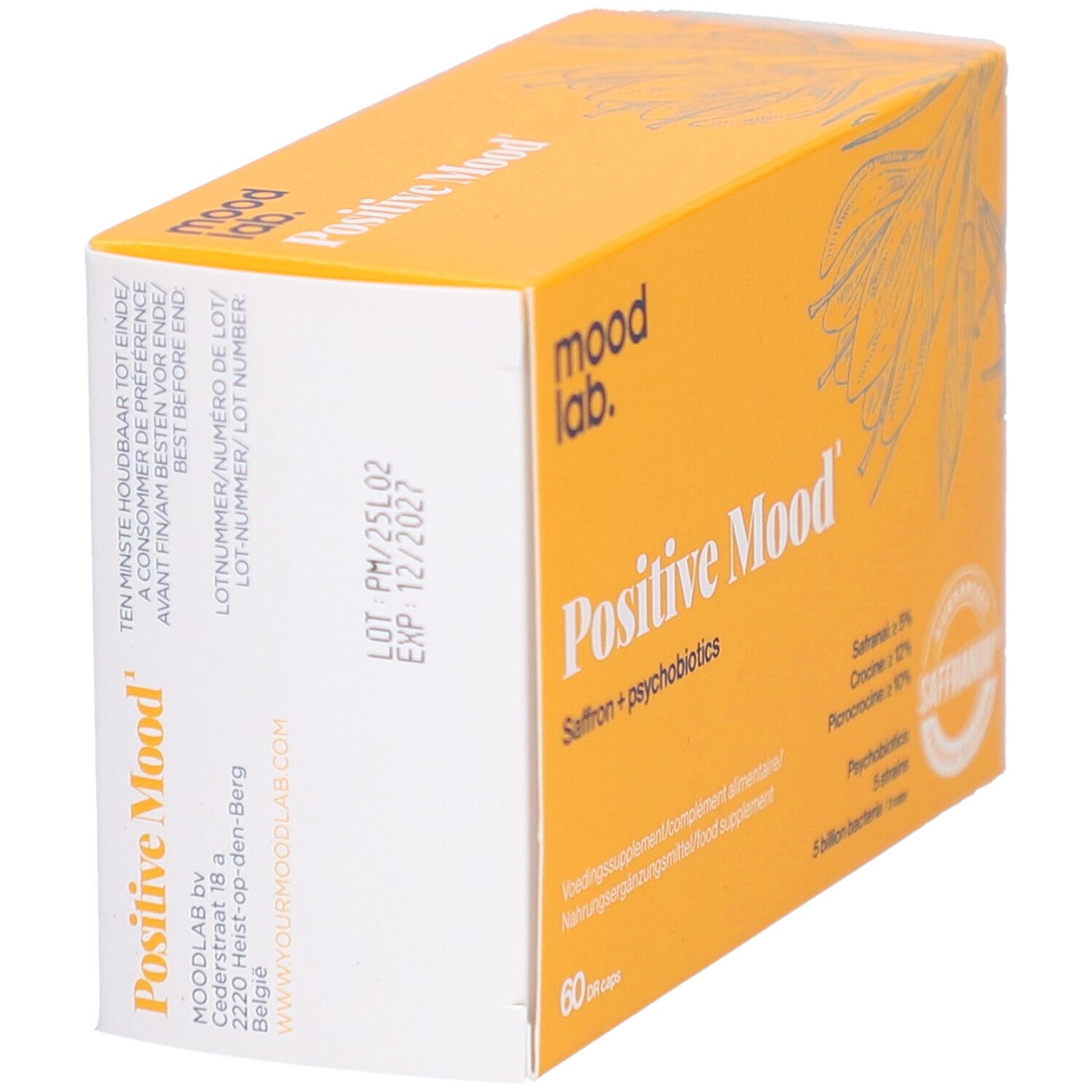 Gelbe Schachtel mit "mood lab." und "Positive Mood". Enthält Safran und Psychobiotika. 60 Kapseln. Rückseite.