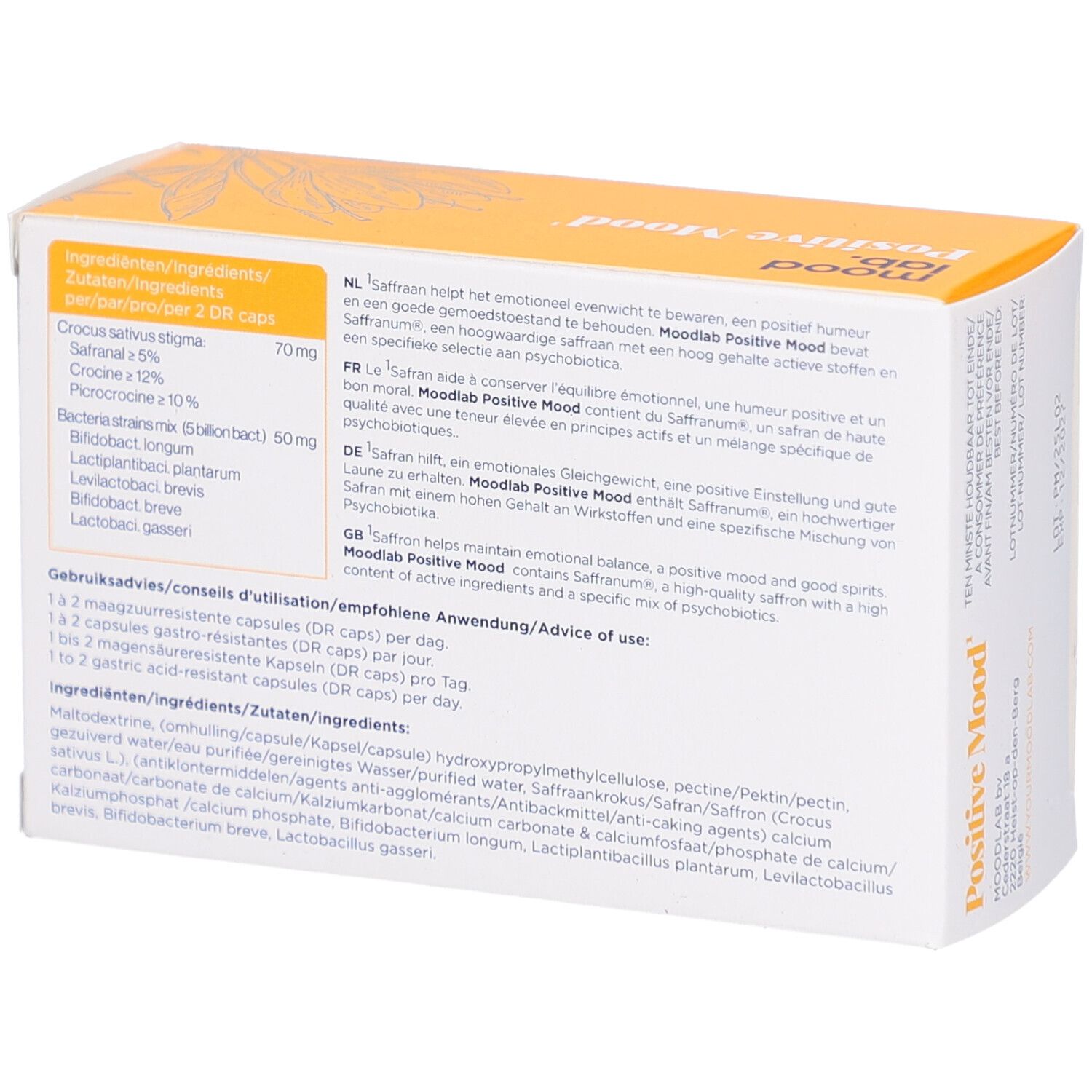 Rückseite der gelben Schachtel. Enthält Informationen zu Inhaltsstoffen und Anwendung. Text in mehreren Sprachen.