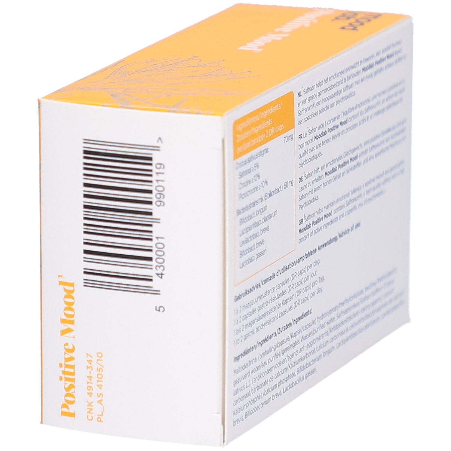 Rückseite der gelben Schachtel. Enthält Informationen zu Inhaltsstoffen und Anwendung. Text in mehreren Sprachen.